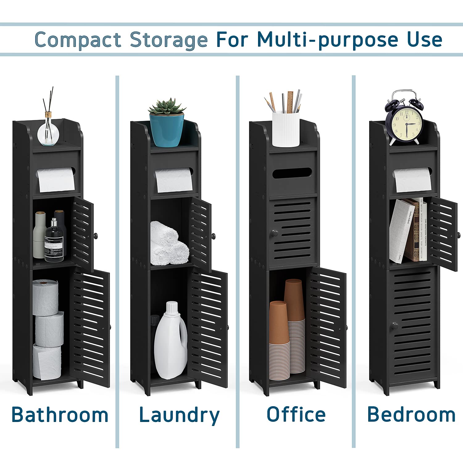 Nestl Small Bathroom Storage Cabinet with 2 Doors & 3 Shelves - Narrow Corner Floor Organizer for Towel, Toilet Paper & Bath Essentials - Space-Saving Black Bathroom Cabinet for Apartments & Small Bathrooms