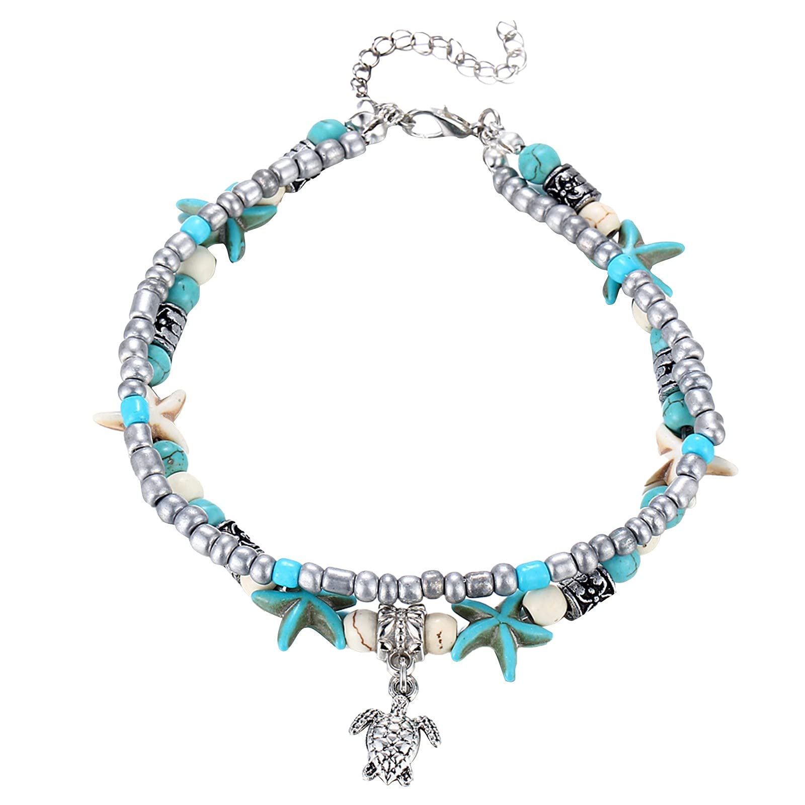Handmade Boho Sea Jewelry Anklet - Multilayer Charm Foot Bracelet with Blue Turtle Beads & Bottle Charms (Multicolor, One Size) Perfect for Beach Vacations, Summer Outfits & Festival Accessories
