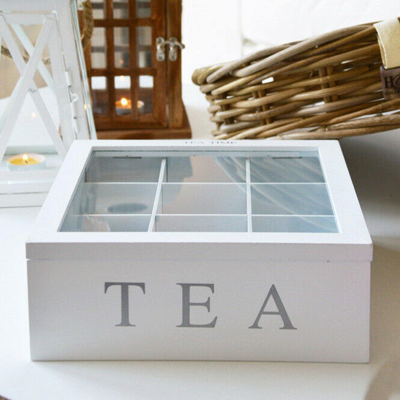 Bamboo Tea Bag Storage Box with Clear Lid - 9 Compartment Rustic Kitchen Organizer for Tea Pouches, Sugar Packets & Coffee Pods | Perfect for Pantry, Office & Gift Giving