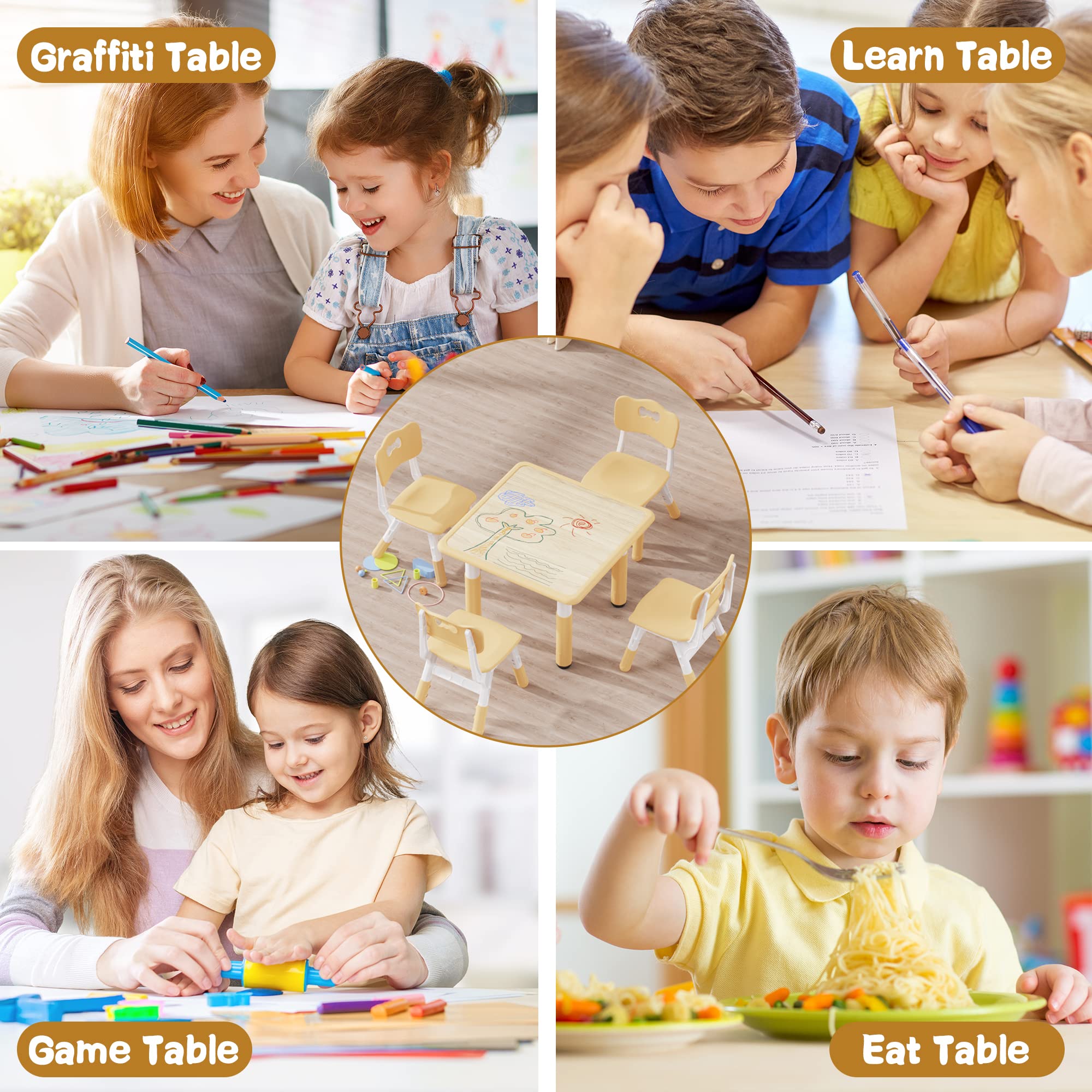 Brelley Kids Table and 4 Chairs Set - Adjustable Height Toddler Table & Chairs with Graffiti Desktop - Perfect for Classroom, Daycare & Home - Multi-Activity Children's Table for Ages 2-8 - Ideal for Arts & Crafts, Snack Time, and Learning Activities