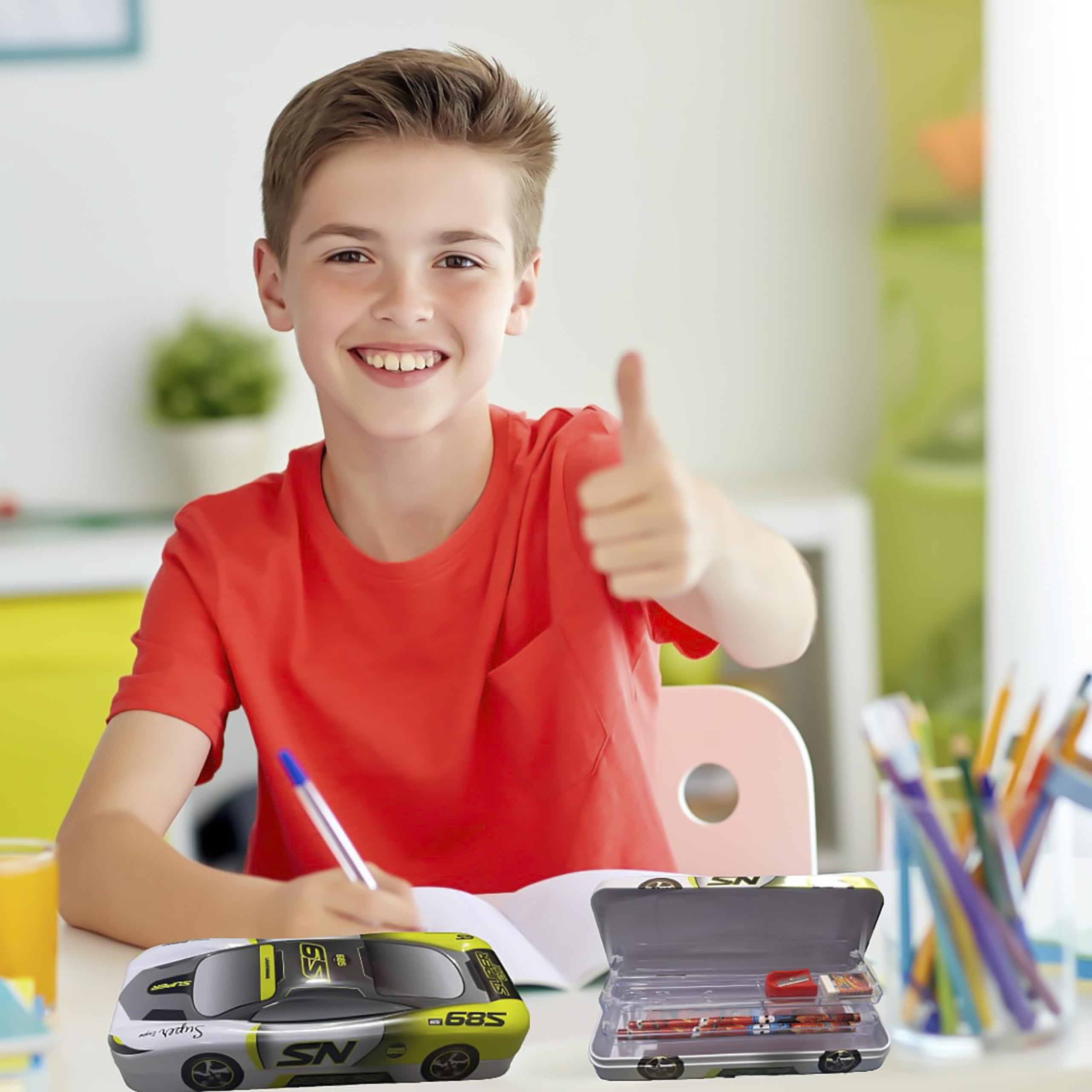 2 in 1 Metal Pen Pencil Box with Stationery Organizer - Car Design School Supplies for Boys & Girls (Grey, Yellow+White) | Multiple Compartment Storage for Kids' Backpacks, Desks & Birthday Gifts