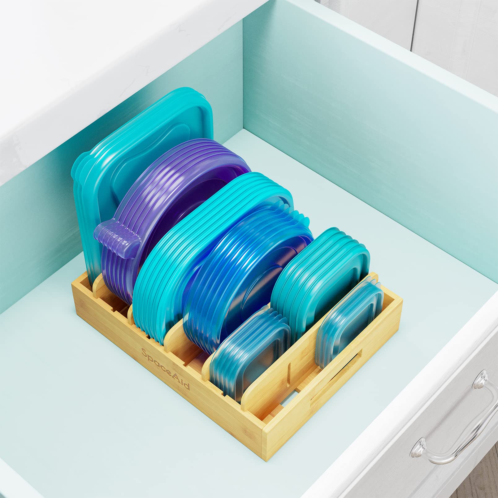 SpaceAid Bamboo Lid Organizer - 5 Adjustable Dividers Kitchen Cabinet Organizer for Food Storage Containers | Pantry & Cabinet Organization Solution for Pots, Pans & Plastic Container Lids