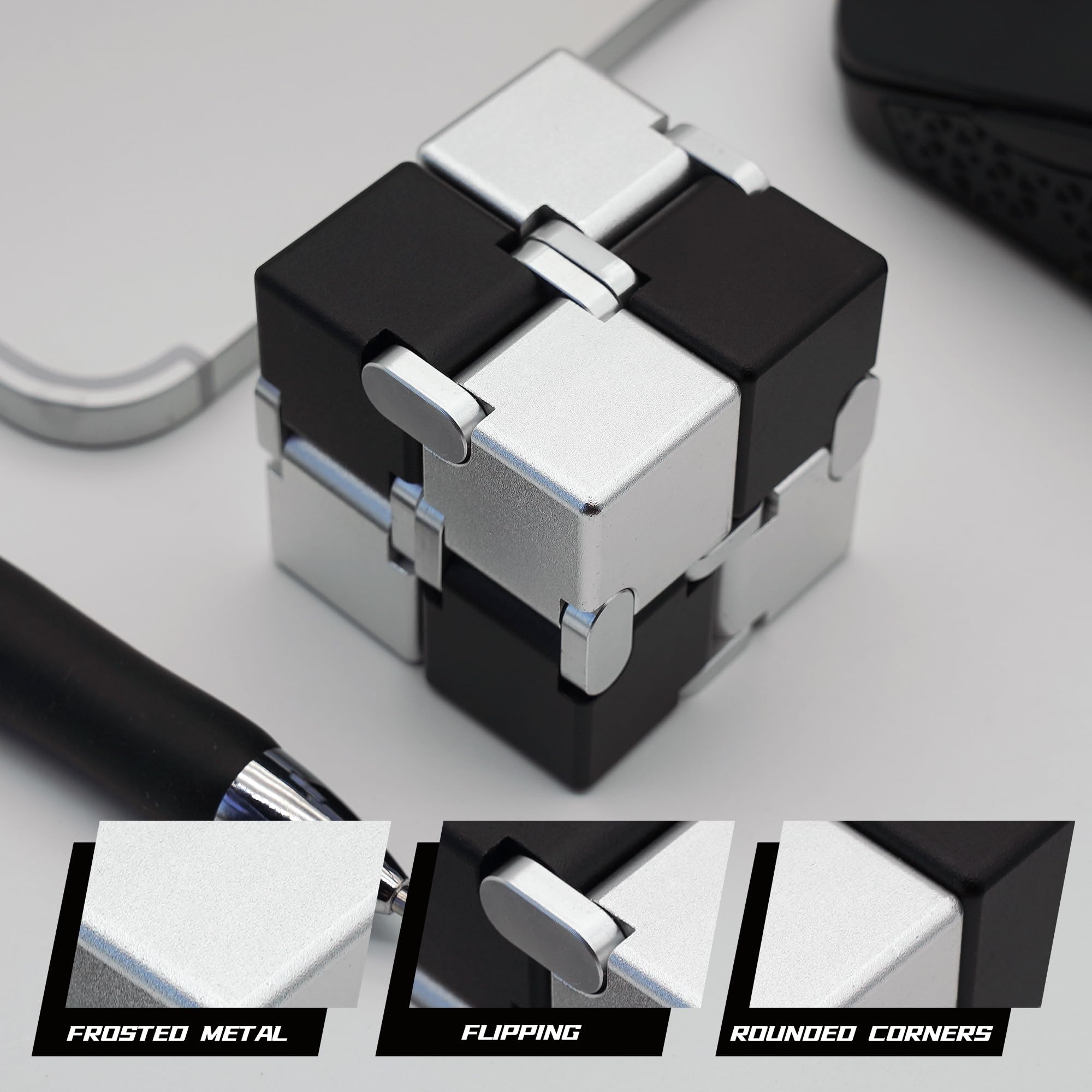Metal Infinity Cube Fidget Toy for Adults & Teens - Stress Relief & Anxiety Relief Sensory Toy for ADHD, Autism & Focus - Black Silver Fidget Cube for Office, School & Travel