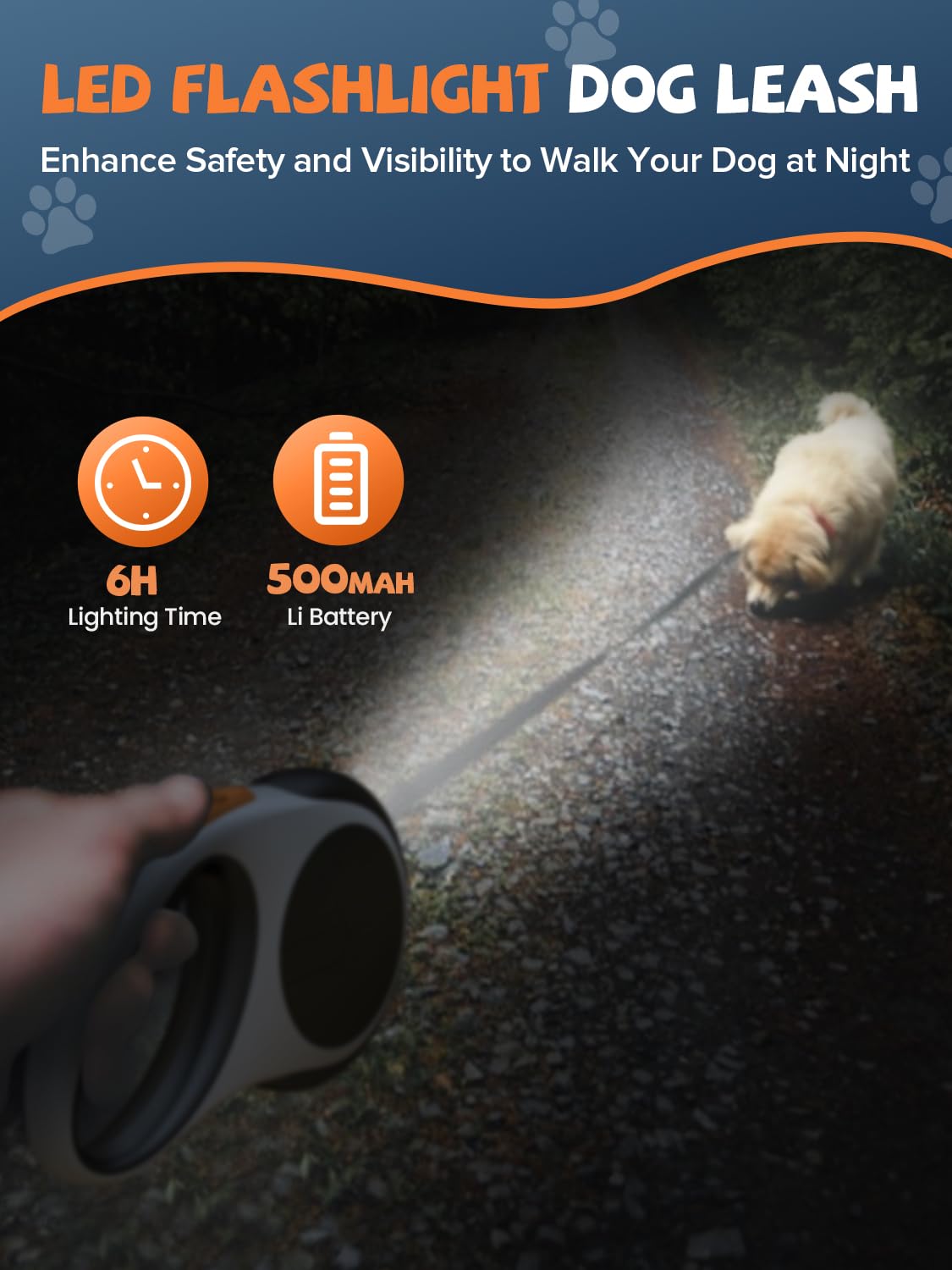 **Upgraded 3-in-1 Retractable Dog Leash with LED Flashlight – Extends to 16ft, Supports Small & Medium Dogs Up to 66lbs, Anti-Slip Handle (Black-White) – Perfect for Night Walks, Jogging & Outdoor Adventures**