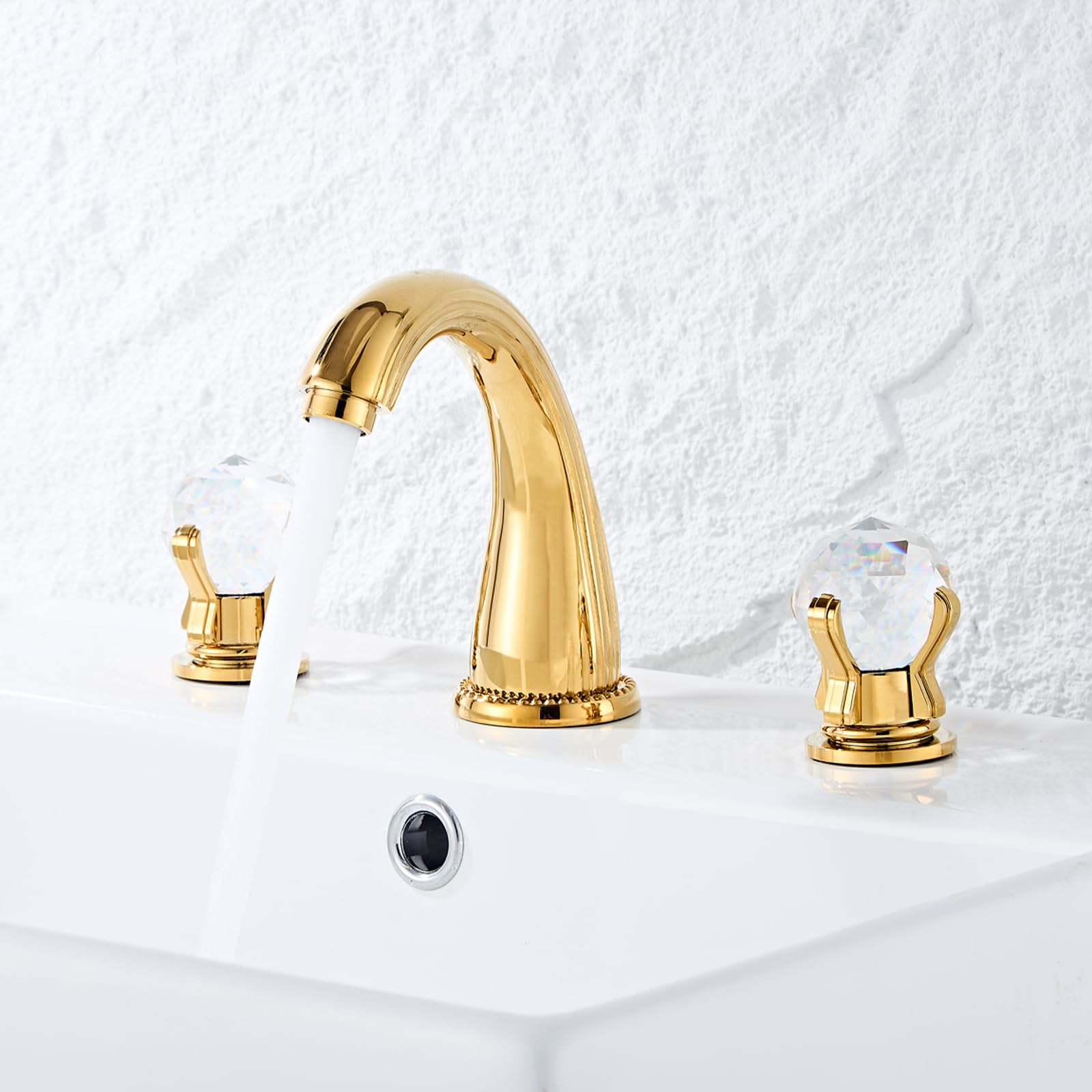Premium 3-Hole Widespread Brass Bathroom Sink Faucet with Crystal Handle - Gold Ti-PVD Finish - Deck Mount Mixer Tap for Modern Bathrooms & Powder Rooms