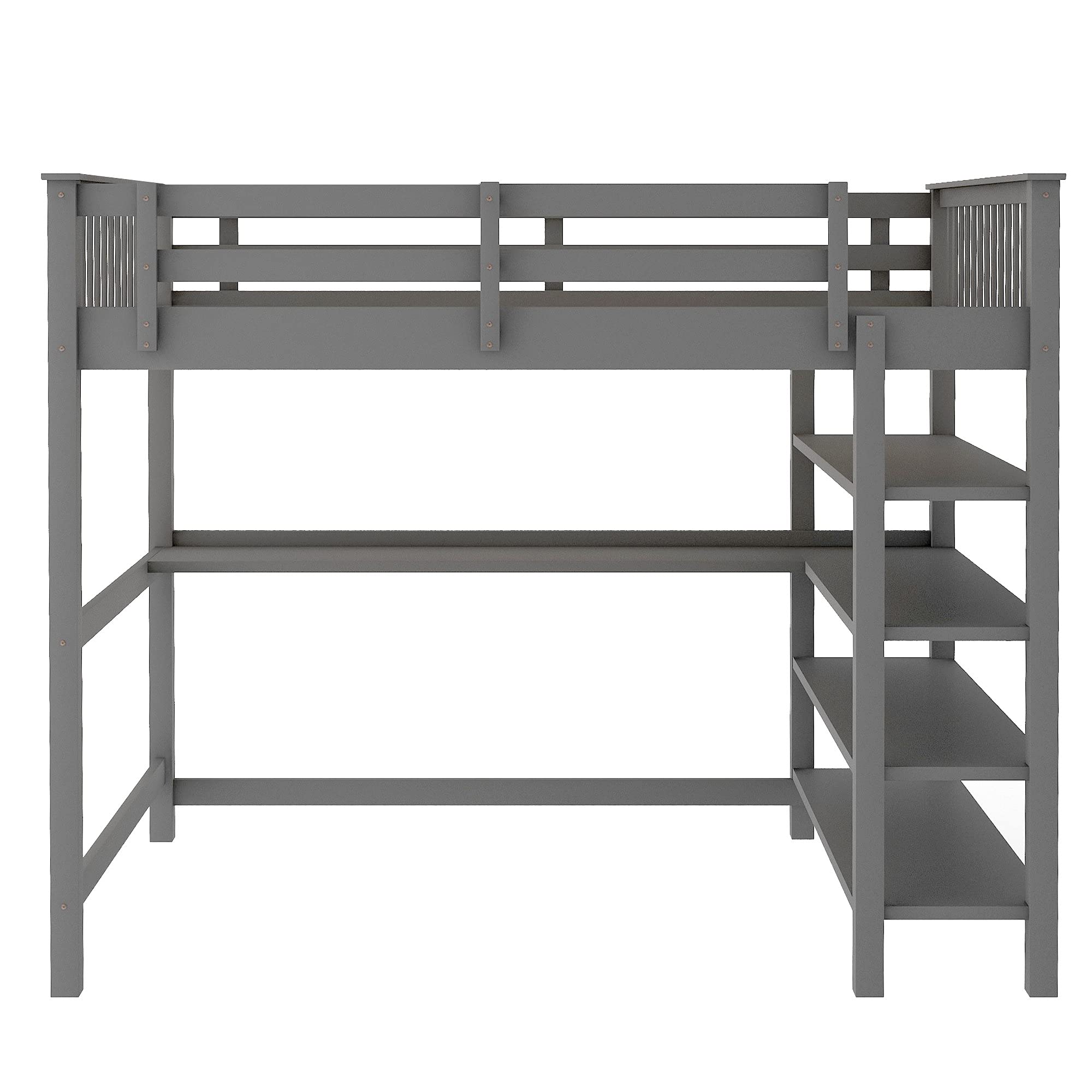 Space-Saving Loft Bed Frame with Storage Shelves & Under-Bed Desk - Solid Wood Construction for Teens & Adults - No Box Spring Needed (Gray, Full Size) - Perfect for Small Bedrooms, Dorms & Studio Apartments
