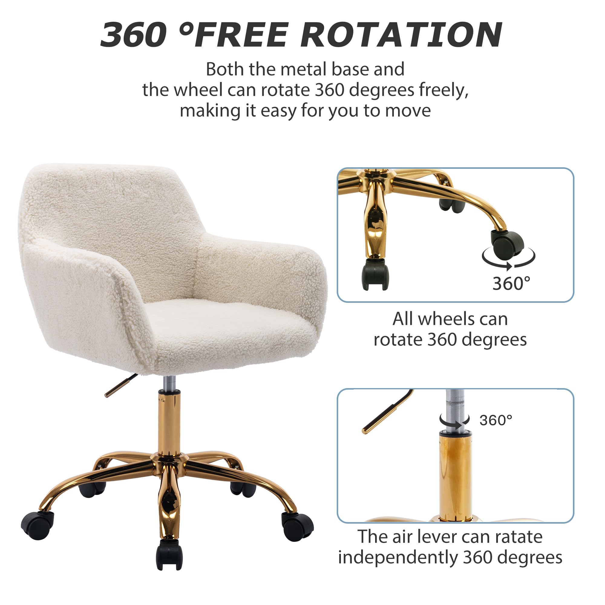 KCC Faux Fur Office Desk Chair - Soft Swivel Armchair with Wheels, Adjustable Height Upholstered Fuzzy Vanity Chair in White | Perfect for Home Office, Gaming Setup & Makeup Vanity