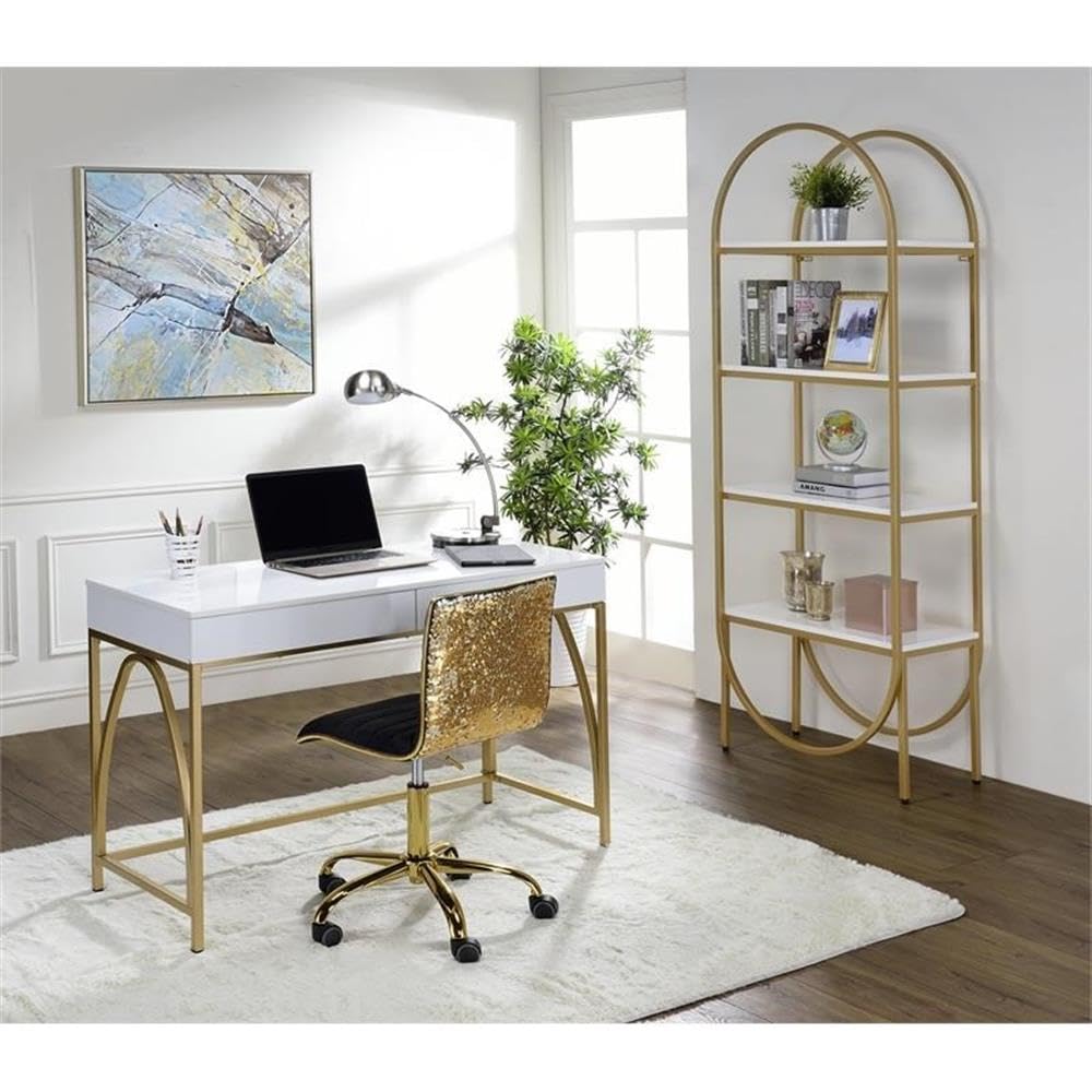 UrbanPro Contemporary White High Gloss & Gold Wood Writing Desk - Modern Home Office Furniture for Small Spaces, Study & Work from Home