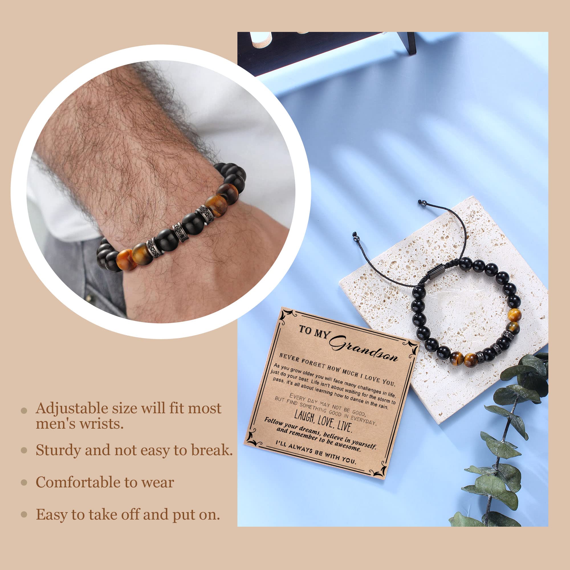 Beaded Bracelets for Men - Adjustable Tiger Eye Jewelry Gift for Dad, Graduation, Christmas | Stylish & Inspirational