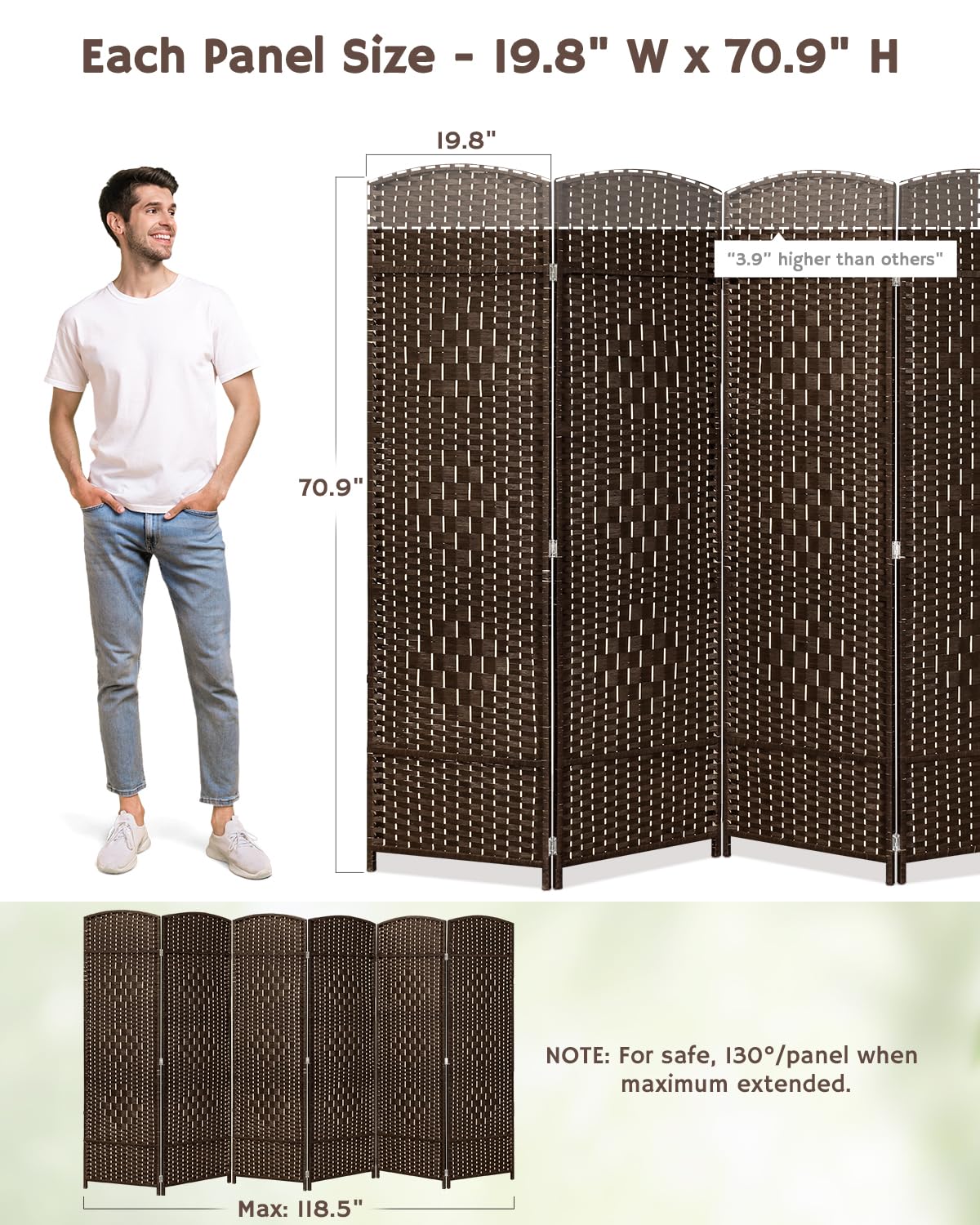 JOSTYLE 6ft Tall Extra Wide Folding Room Divider Privacy Screen - Diamond Double-Weave Freestanding Partition for Home Office, Bedroom & Living Room (Brown, 6-Panel) - Perfect for Creating Private Spaces in Open Areas