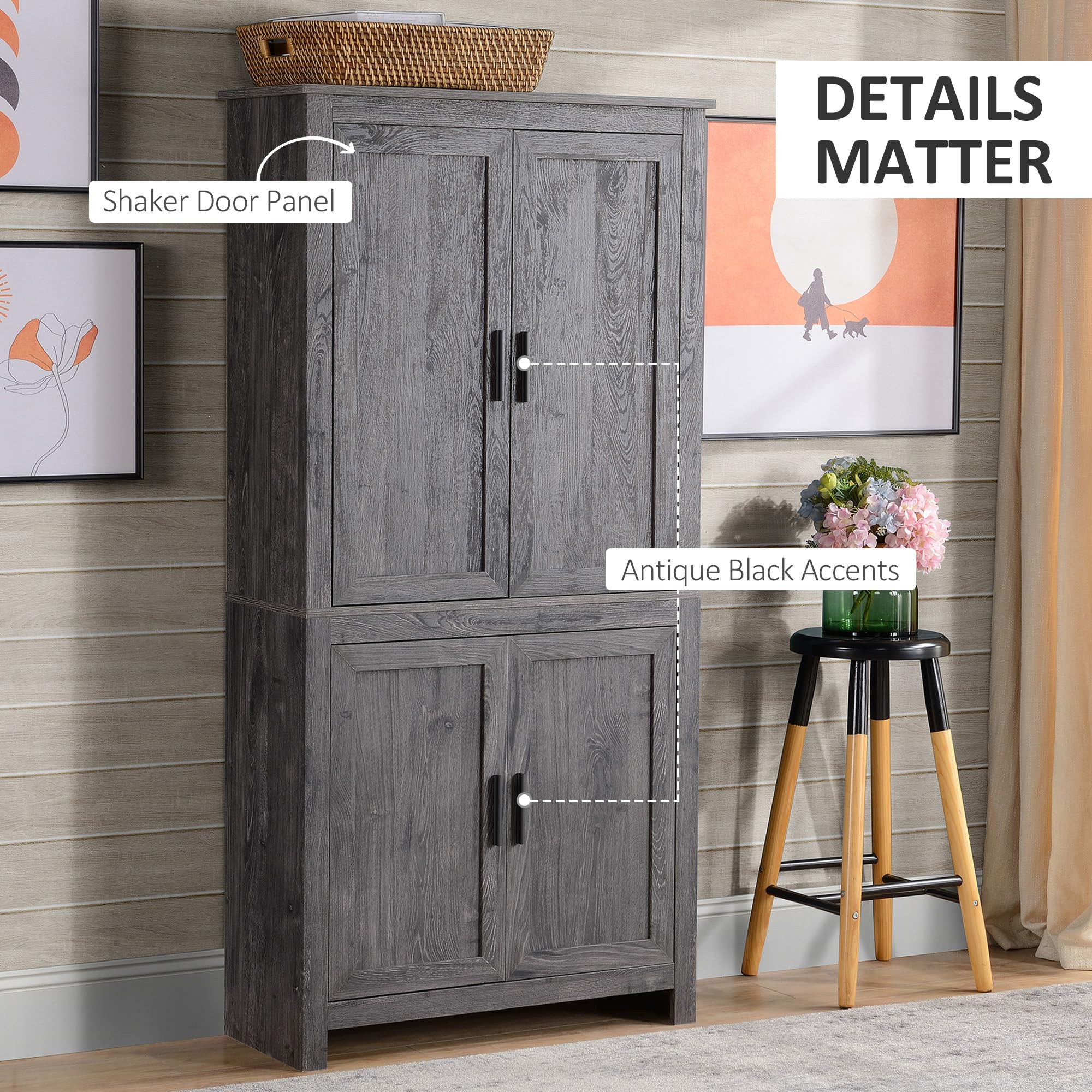 HOMCOM 64 Inch Kitchen Pantry Cabinet with 4 Doors & 3 Adjustable Shelves - Freestanding Storage Organizer for Dining Room, Kitchen, Pantry - Modern Gray Cabinet for Home Organization & Space Saving