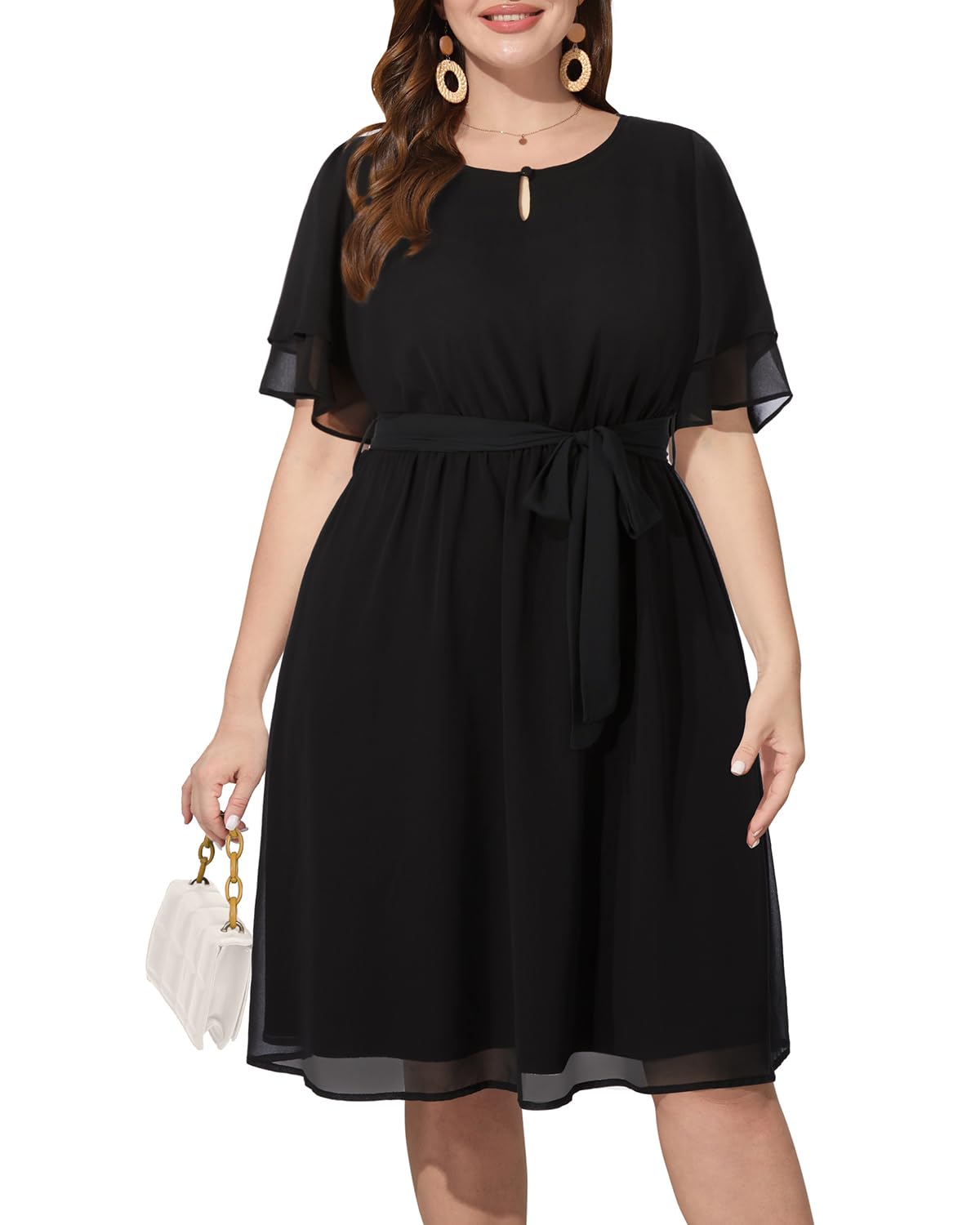 Elegant Plus Size Cocktail Dress for Women - Chiffon Semi-Formal Wedding Guest Dress with Keyhole Neck & Knee Length | Perfect for Cocktail Parties, Bridal Showers, and Evening Events