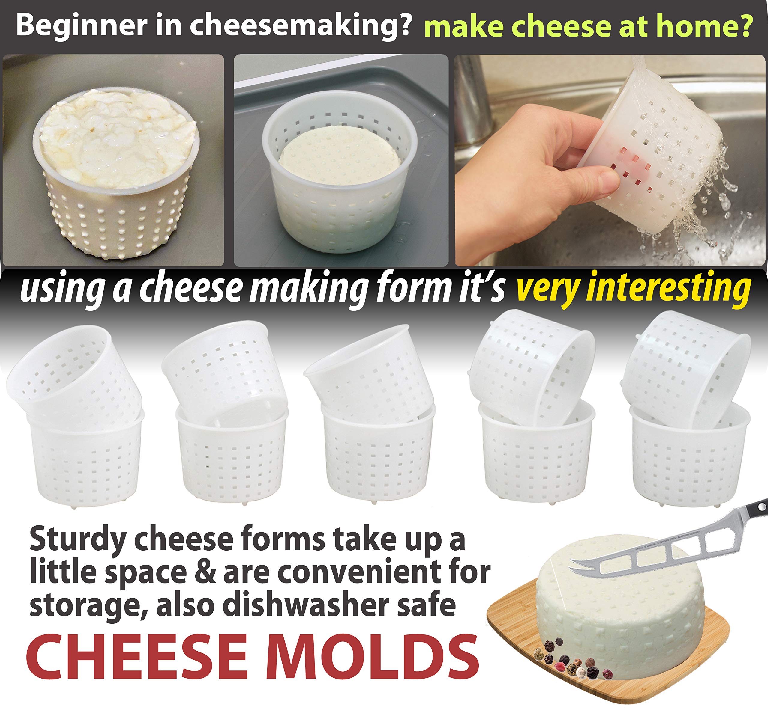 PetriStor 10-Piece Small Cheese Mold Set for Homemade Cheese Making - 1/3 qt Soft Cheese Molds for Cream Cheese, Feta & Queso Fresco - Perfect for DIY Cheese Kits, Artisan Cheesemaking & Home Kitchen Use