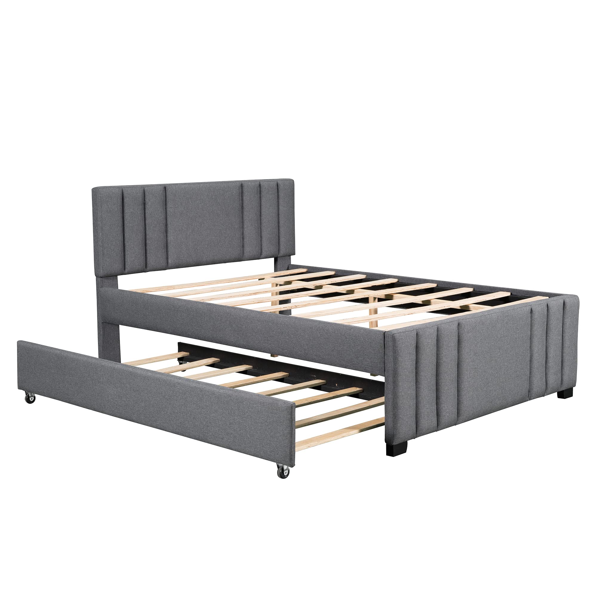 SOFTSEA Full Size Upholstered Platform Bed with Trundle - Tufted Headboard Twin Bed Frame, No Box Spring Required, Easy Assembly, Gray | Perfect for Guest Rooms, Kids' Bedrooms & Small Spaces