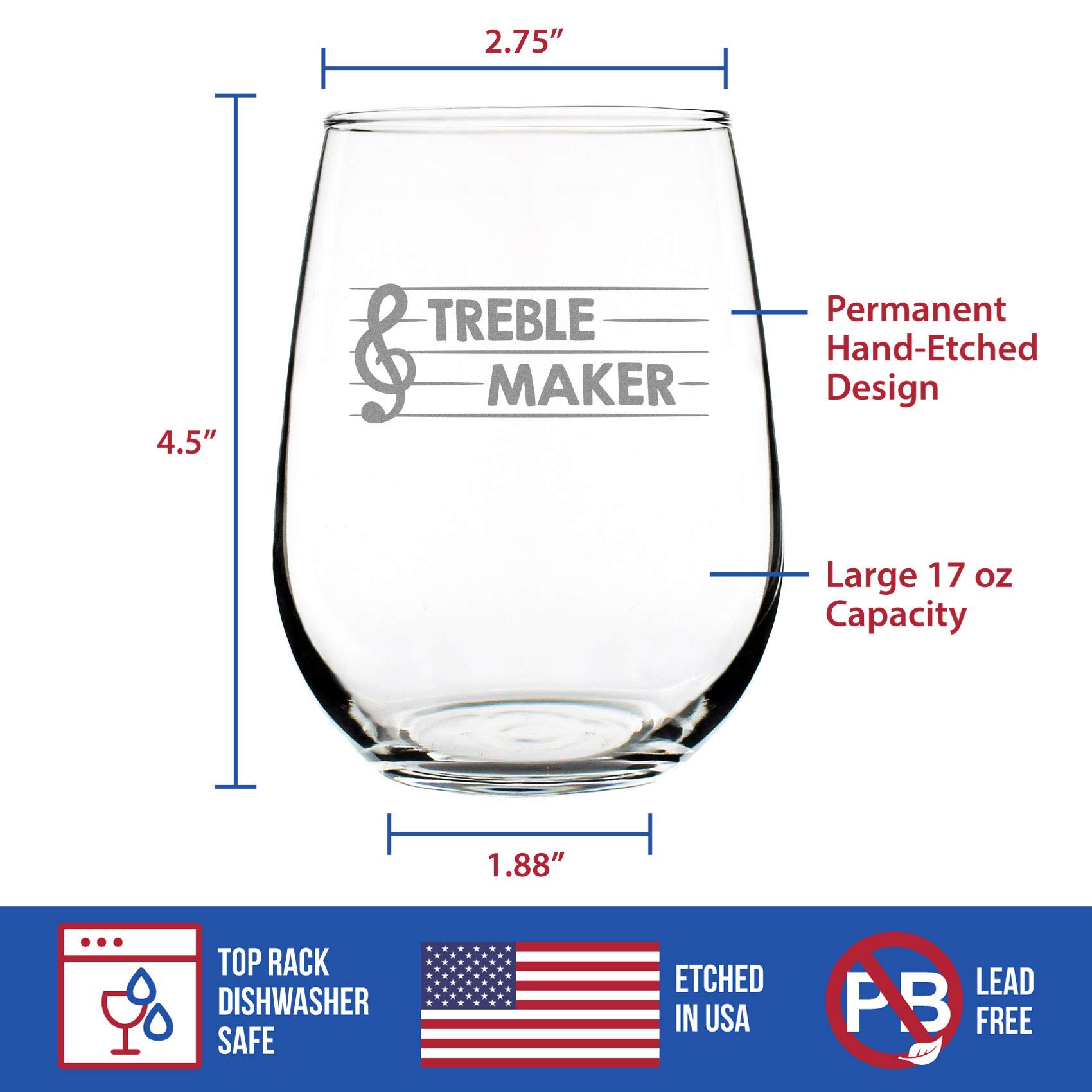 Treble Maker Stemless Wine Glass - Funny Music Teacher Gift for Women & Men - Unique Musical Decor - Large 15oz Glass - Perfect for Parties, Gifts & Music Lovers
