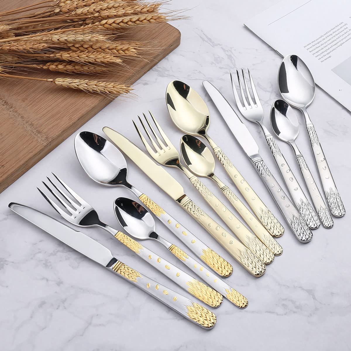 48-Piece Stainless Steel Silverware Set for 12 - Mirror Polished Flatware Cutlery Set for Home, Restaurant & Hotel - Elegant Wheat Ears Design - Perfect for Dining, Entertaining & Special Occasions
