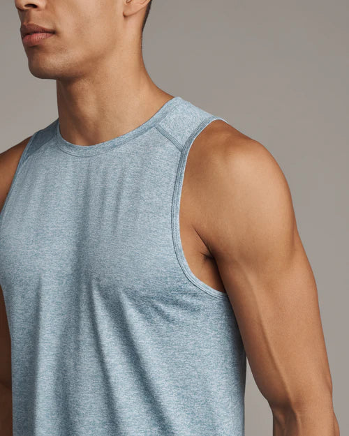 Rhone Men's Performance Atmosphere Tank Top - Moisture Wicking, Breathable Workout Shirt in Blue Stone/White Heather for Gym, Running & Outdoor Activities