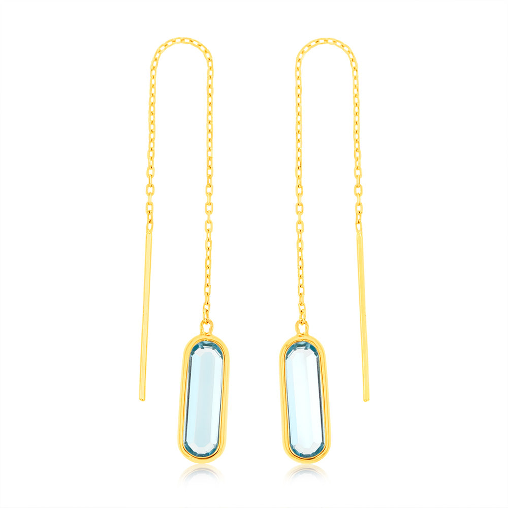 9ct Yellow Gold Natural Blue Topaz Threader Drop Earrings for Women - Elegant Dangling Earrings for Parties, Weddings & Everyday Wear