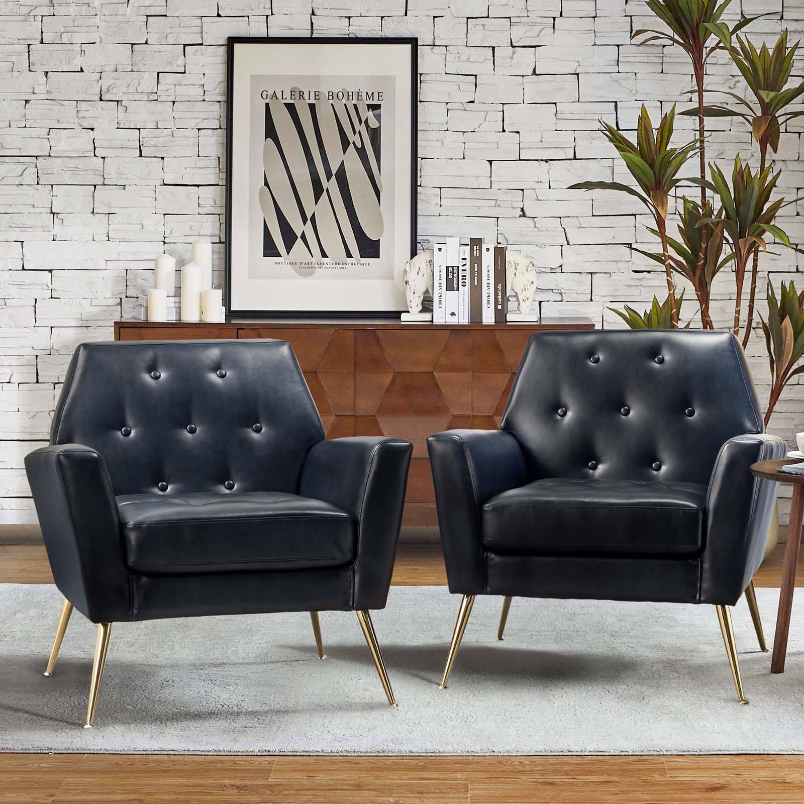 HULALA HOME Modern Faux Leather Accent Chairs Set of 2, Navy Blue Upholstered Armchairs with Gold Metal Legs - Button Tufted Living Room Furniture for Bedroom, Office & Lounge - Comfortable Seating for Home Decor