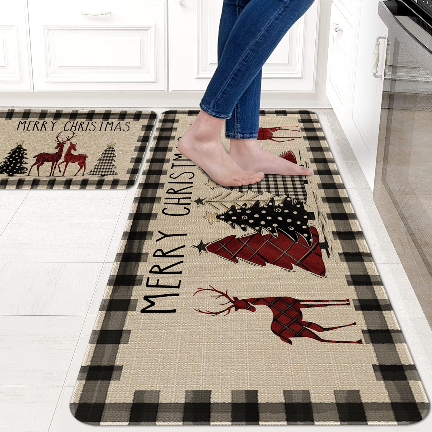 Faptoena Christmas Kitchen Rugs and Mats Set of 2, Non-Slip Waterproof Christmas Tree Floor Mat, Holiday Runner Rug for Sink, Laundry Room, Entryway, and Winter Home Decor