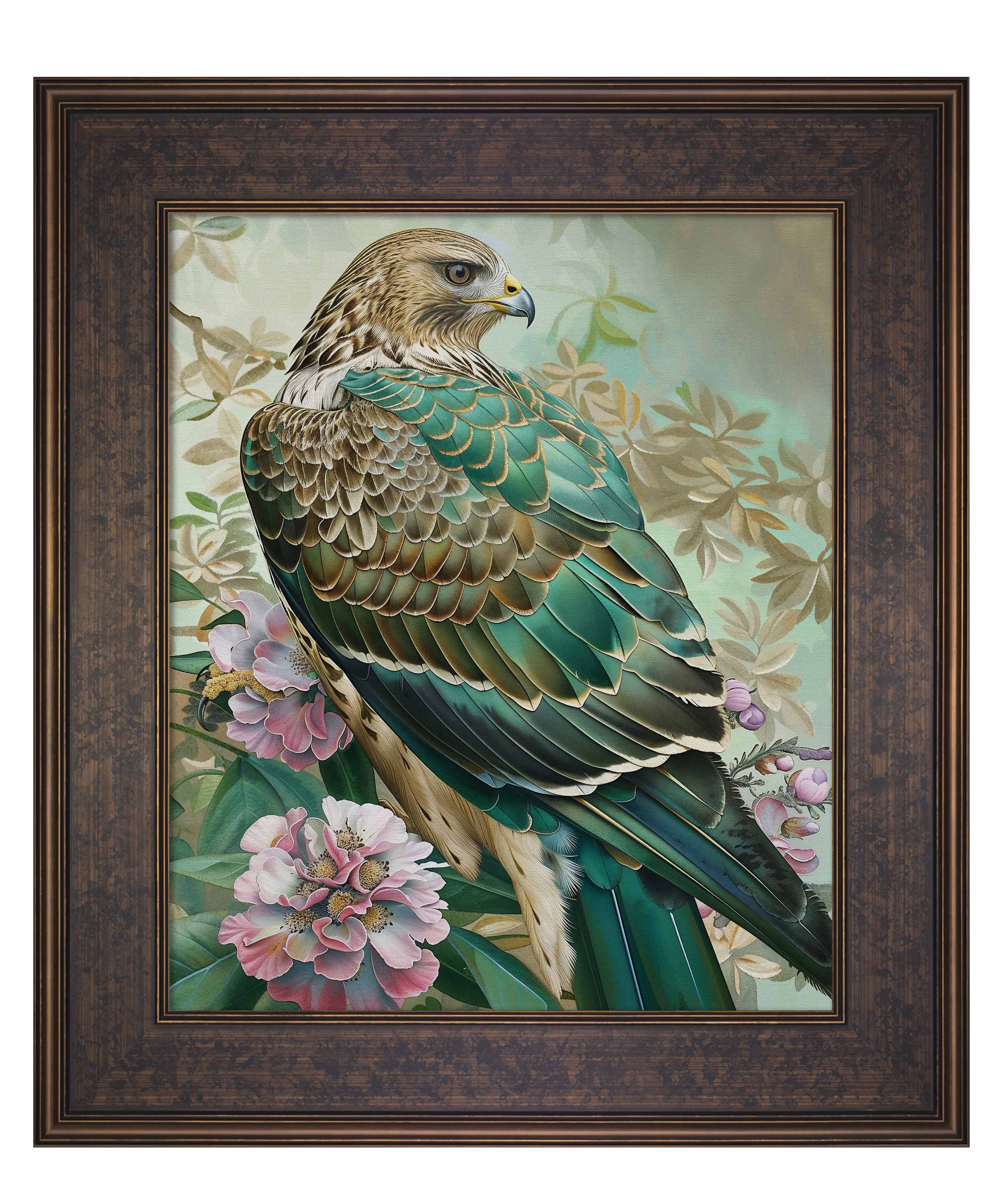 Emerald Majesty Hawk Amidst Blossoms Limited Edition Canvas Wall Art - Nature Inspired Home Decor for Living Room, Bedroom & Office