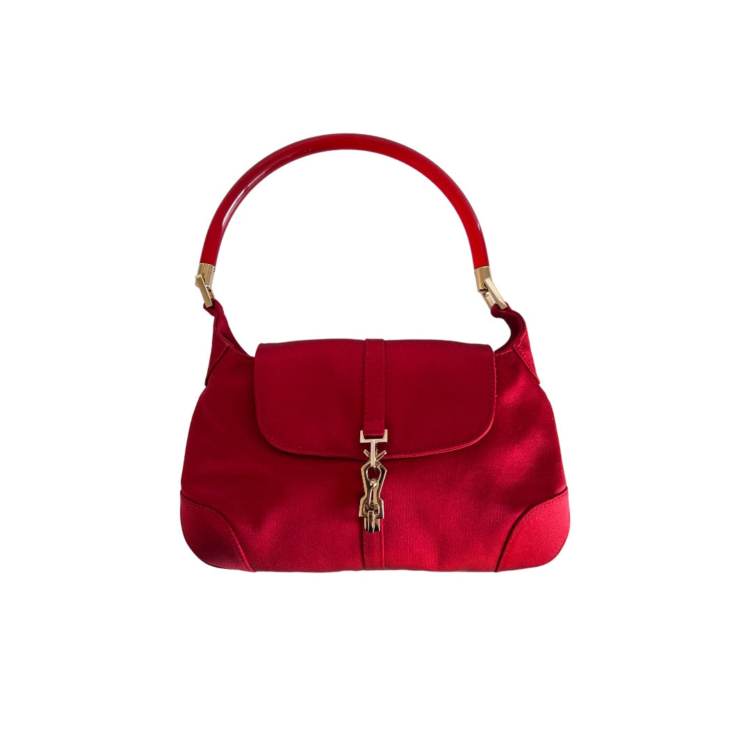 Gucci Red Satin Jackie Bag with Acrylic Handle - Elegant Shoulder Purse for Women, Perfect for Parties, Weddings & Evening Events