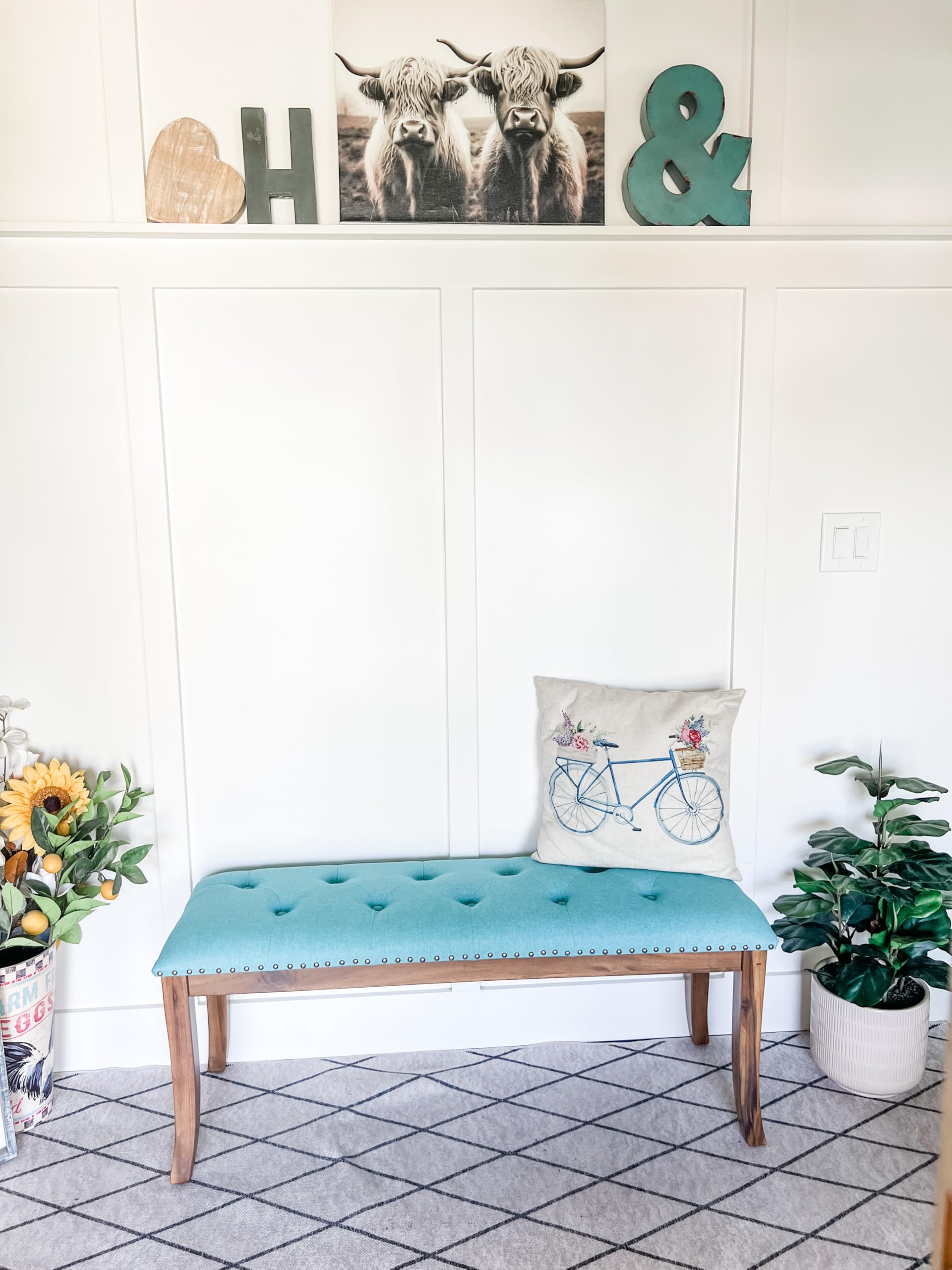 PHI VILLA Upholstered Tufted Bench - Extra-Long Bedroom Bench with Sturdy Wood Legs, Farmhouse Style Entryway Bench & Dining Seat - Perfect for Bed End, Hallway Decor, and Dining Room Seating