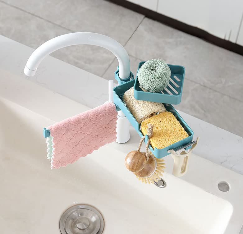 360° Rotating Faucet Sponge Holder for Kitchen Sink with Towel Bar - 3-Tier Drainage Rack for Sponges, Dishcloths & Pool Rags (Grey) | Space-Saving Sink Organizer for Kitchen & Bathroom Cleaning Tools
