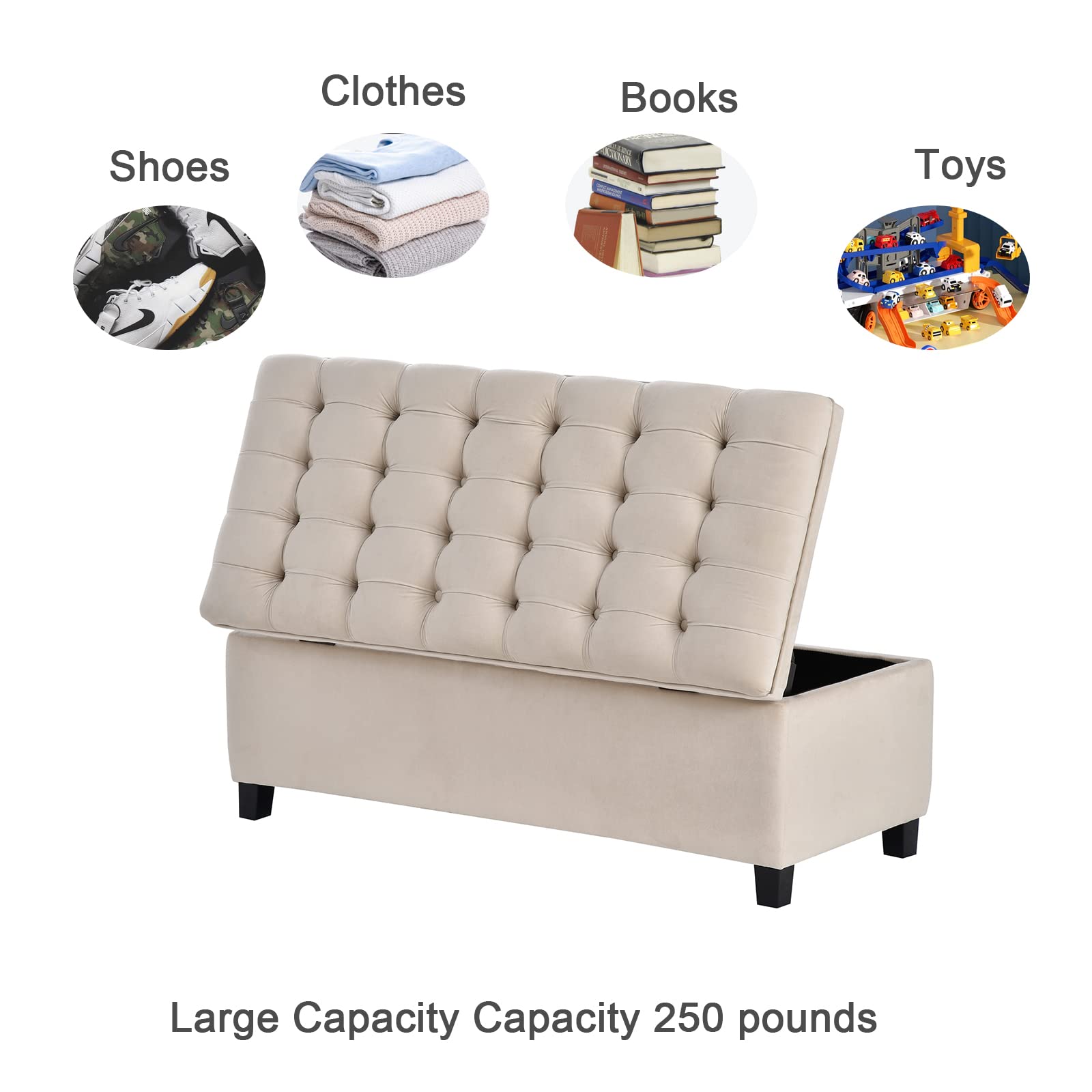 Tufted Storage Ottoman Bench with Upholstered Seat - Large Beige Polyester Footstool for Bedroom, Living Room & End of Bed | Perfect for Shoe Storage, Extra Seating & Home Decor