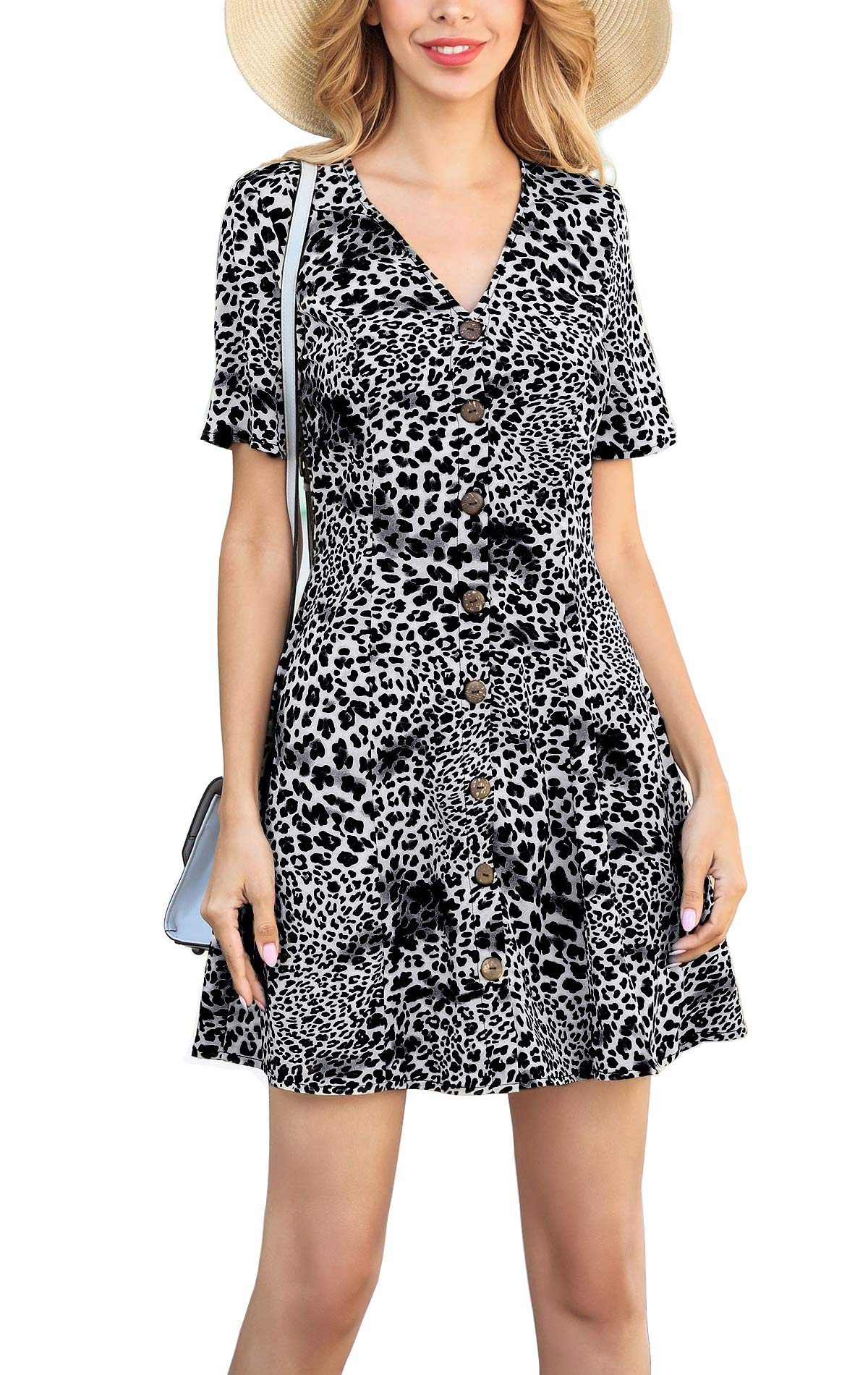 Women's Floral Summer Dress - Short Sleeve V-Neck Button Down Mini Dress for Casual Wear | Perfect for Beach, Vacation, and Summer Outings