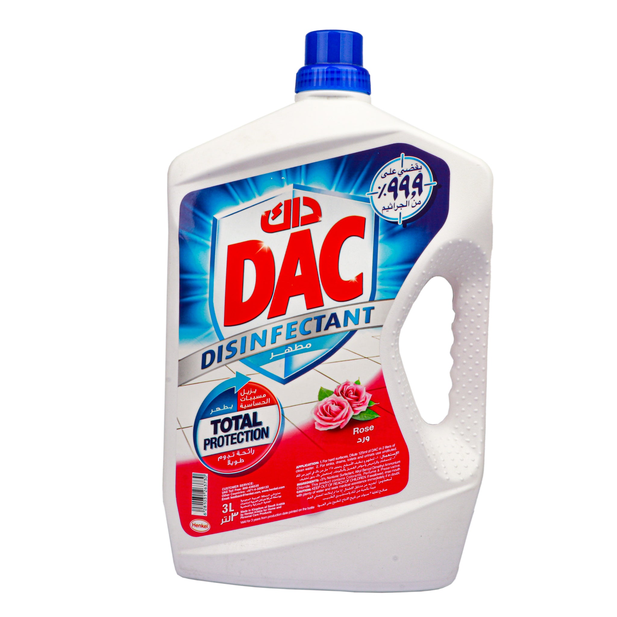 Dac Disinfectant Total Protection Rose Scent 3L (3 Liter) - Multi-Surface Cleaner for Home, Office & Hospitals