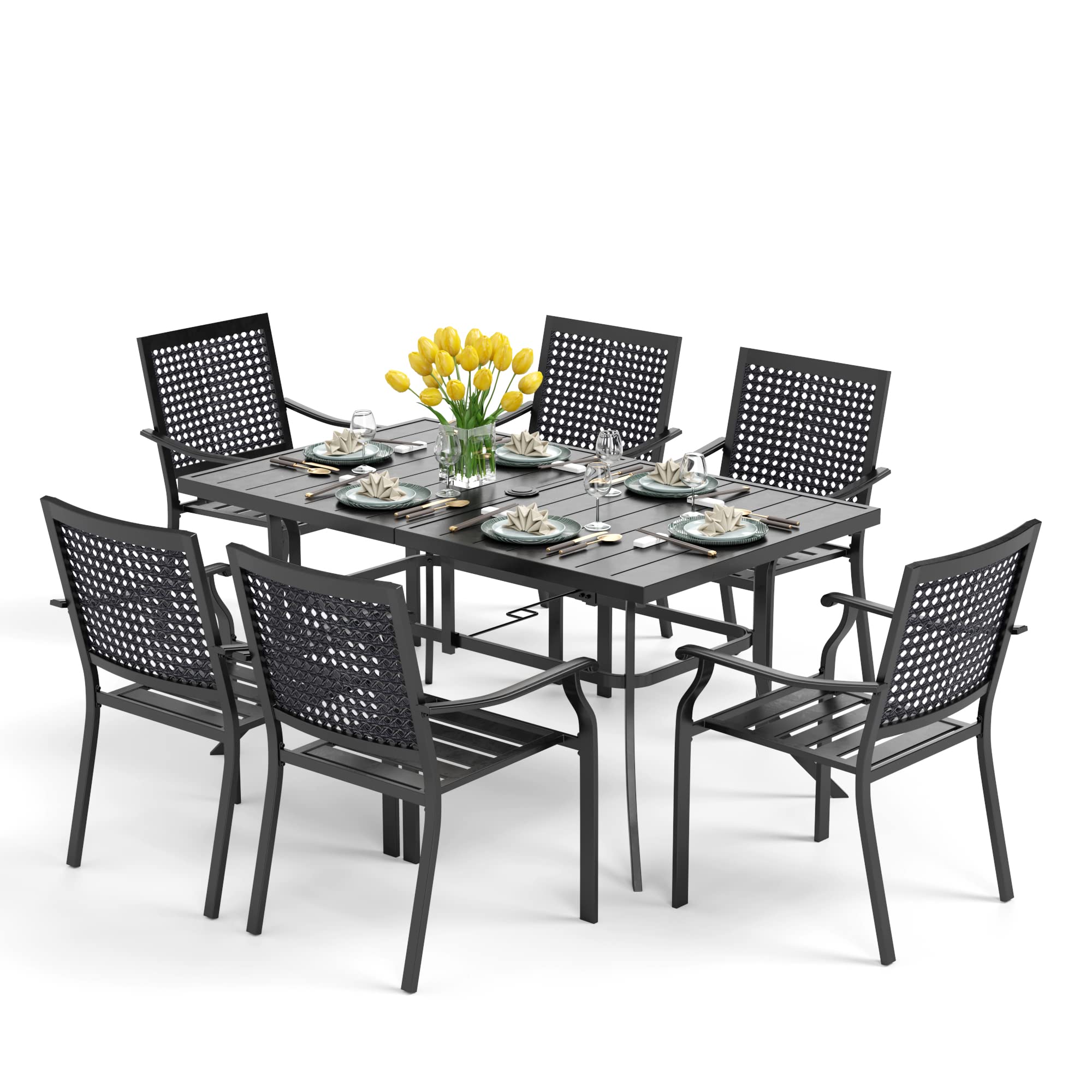 PHI VILLA 7-Piece Outdoor Dining Set - Modern Metal Patio Table with Umbrella Hole & 6 Wrought Iron Chairs - Perfect for Backyard, Garden, Bistro and Poolside Dining
