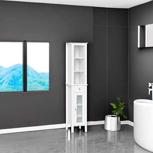 RiverRidge Prescott Tall Bathroom Storage Cabinet with Reeded Soft-Close Glass Door - 3 Open Shelves & Drawer - Slim Narrow Bathroom Vanity Organizer for Towels, Toiletries & Cosmetics - Perfect for Small Bathrooms, Powder Rooms & Apartment Living