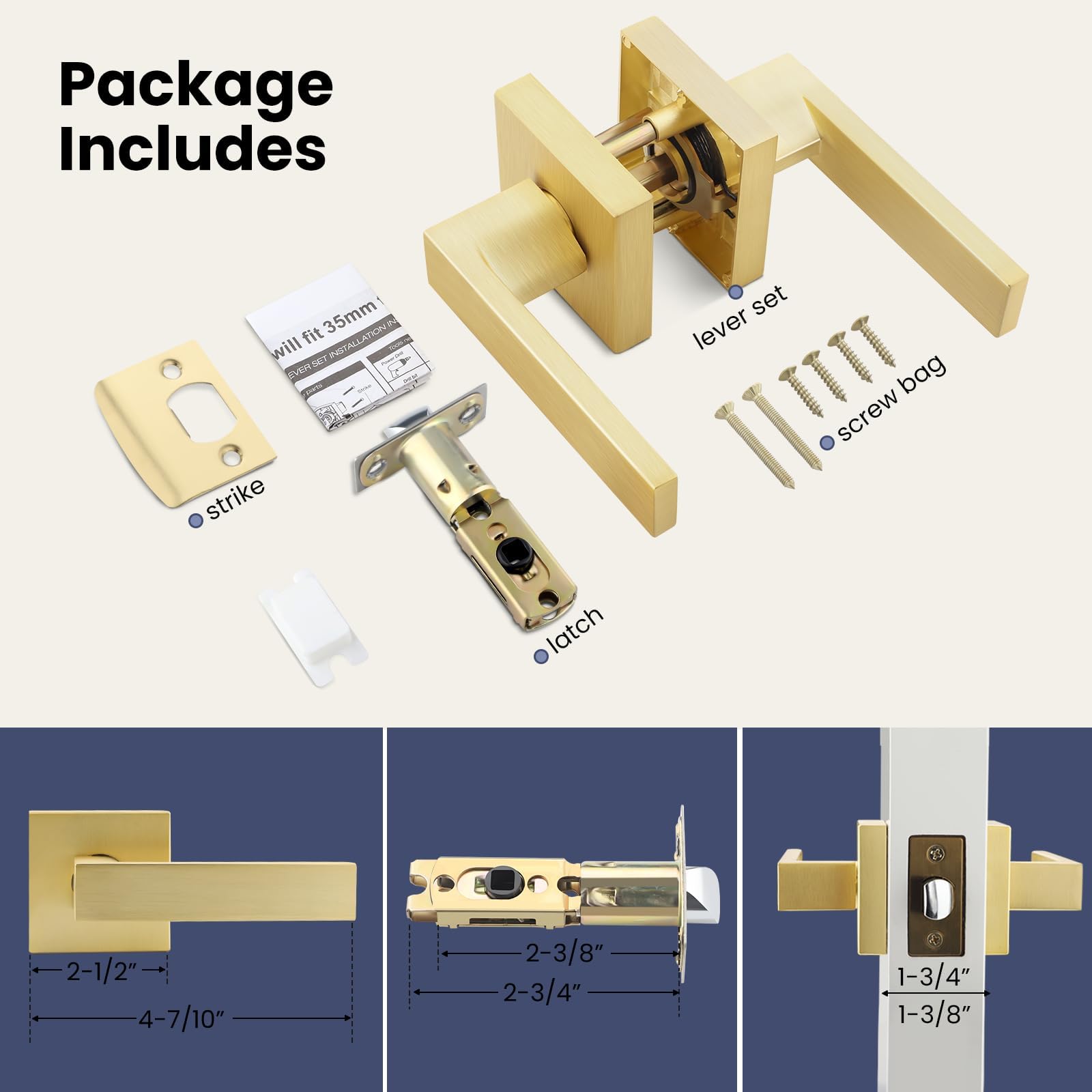 EHOMEWARE 6 Pack Keyless Door Handle Set - Satin Brass Finish Passage Door Lever for Hall, Closet & Interior Doors | Easy Installation for Bedroom, Bathroom & Office Spaces