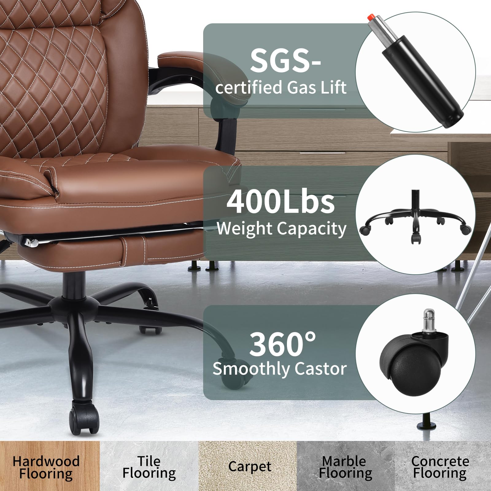 Big and Tall Ergonomic Office Chair with Footrest - High Back Reclining Leather Computer Gaming Chair with Lumbar Support for Home & Office (Brown) | Perfect for Long Work Hours, Gaming Sessions & Remote Work Comfort