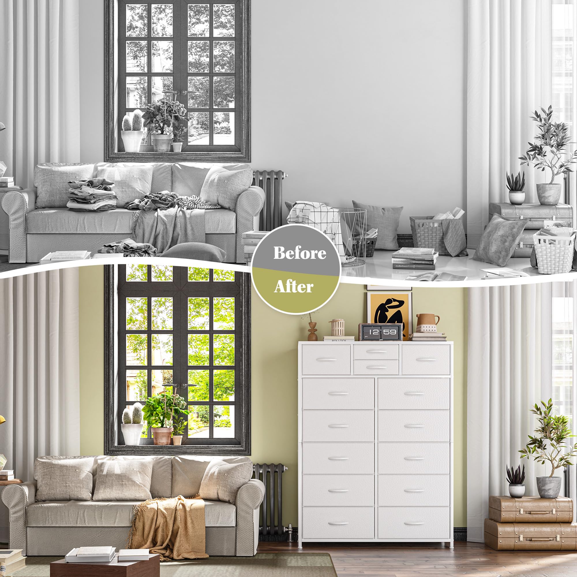 EnHomee 14-Drawer White Dresser for Bedroom - Tall Wooden Top & Metal Frame Fabric Storage Chest | Perfect for Bedroom, Closet & Living Room Organization