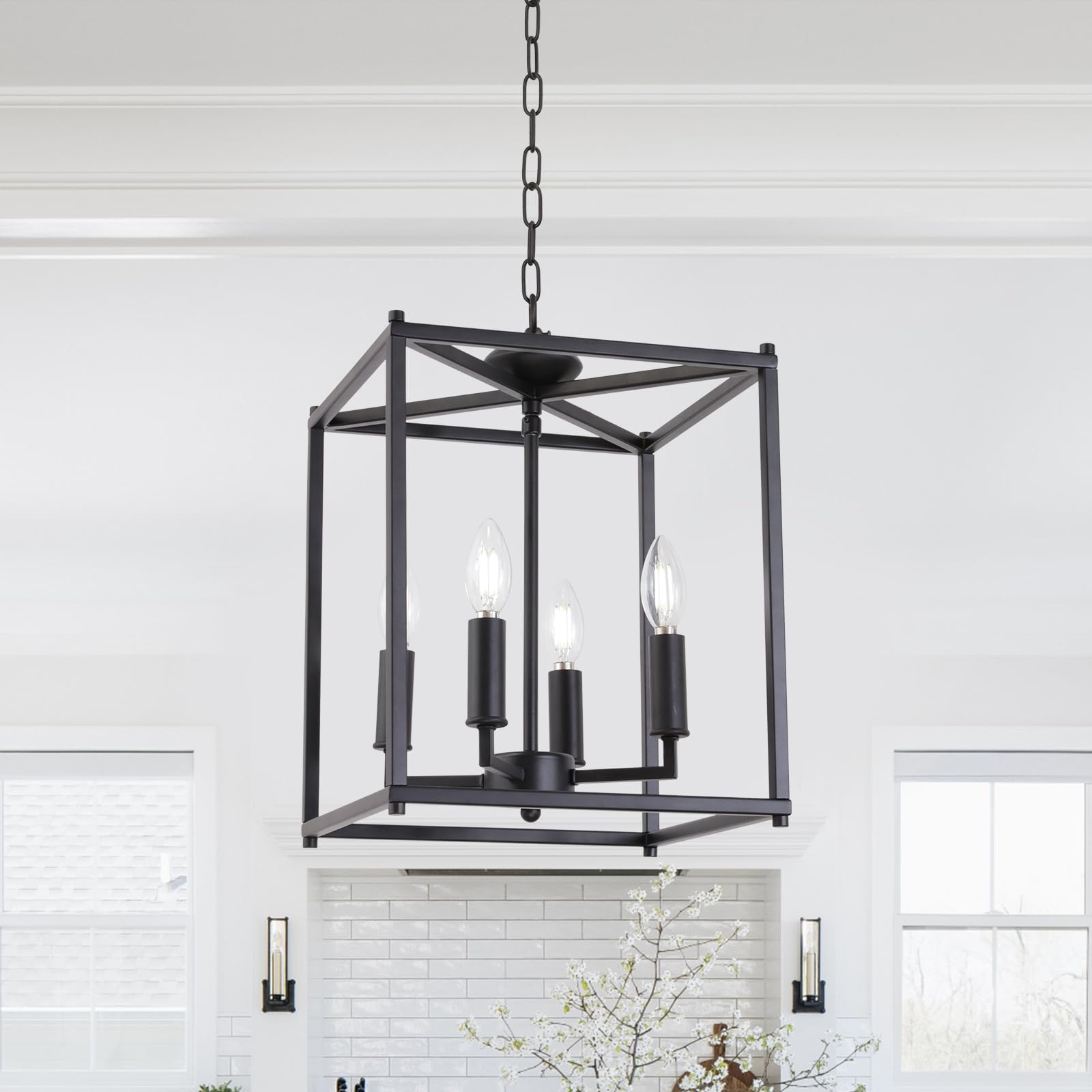 4-Light Farmhouse Chandelier - Matte Black Pendant Lighting Fixture for Dining Room, Kitchen Island, Foyer & Indoor Entryway | Rustic Lantern Hanging Light for Home Decor & Interior Design
