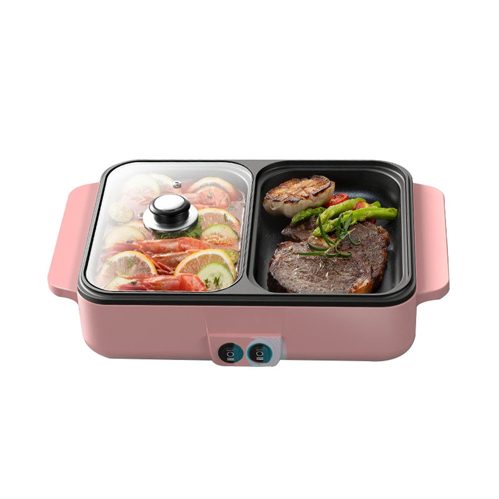 2 in 1 Electric Hot Pot & Grill - Portable Non-Stick Smoke-Free Shabu Shabu Pan & BBQ Tray for Indoor/Outdoor Cooking - Perfect for Camping, Picnics & Family Gatherings (Pink)