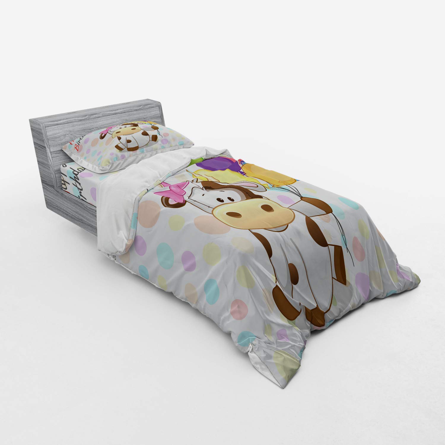 Ambesonne Cow & Balloons Duvet Cover Set - 3 Piece Twin XL Bedding with Sham & Fitted Sheet, Abstract Polka Dot Print - Perfect for Kids' Birthday Parties & Animal Themed Bedrooms