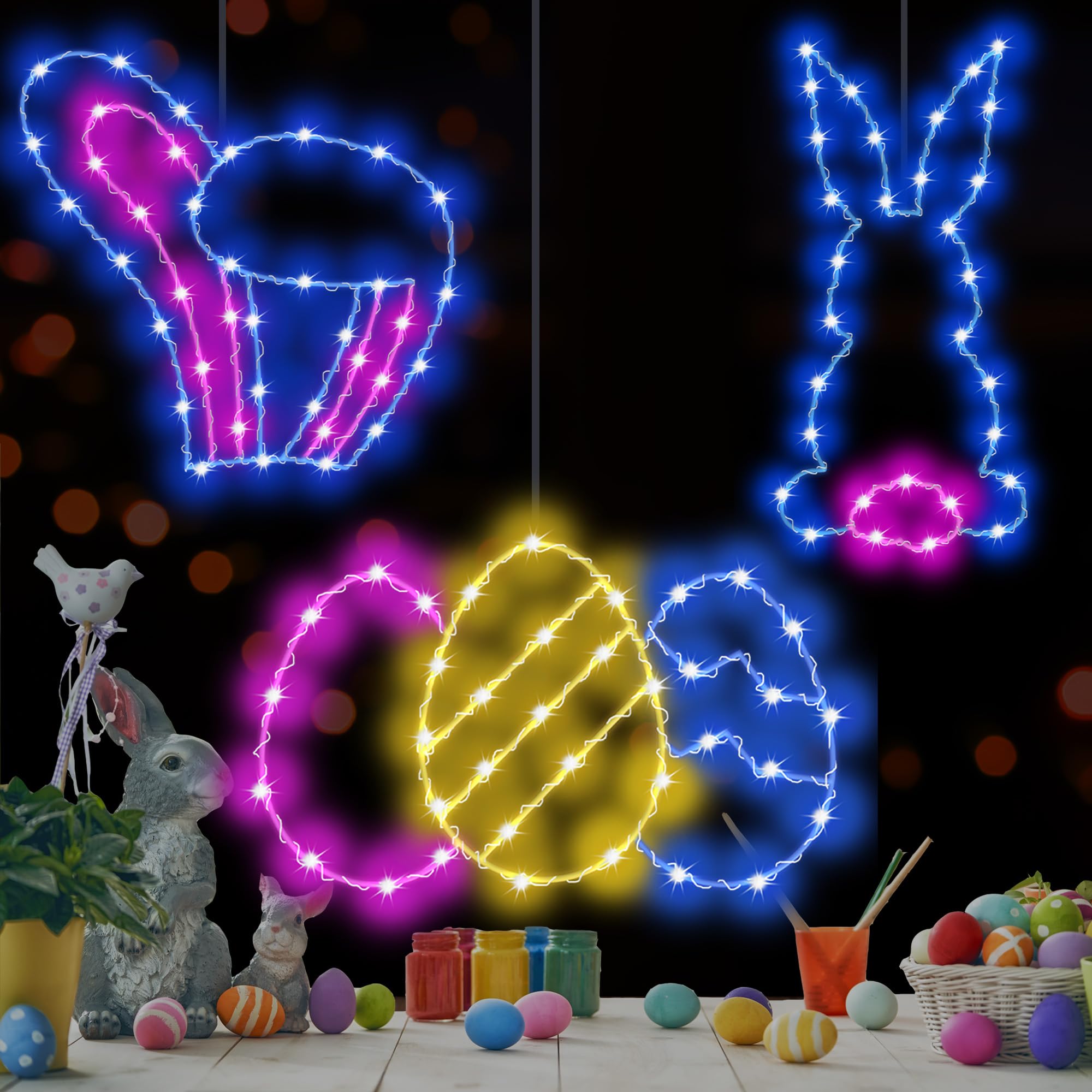 Easter Decorations Lights 3 Pack - Waterproof Indoor/Outdoor Easter Bunny Egg Window Lights with Timer & Remote Control, 8 Lighting Modes (Blue/Pink) - Perfect for Home, Garden, Party and Holiday Decorations