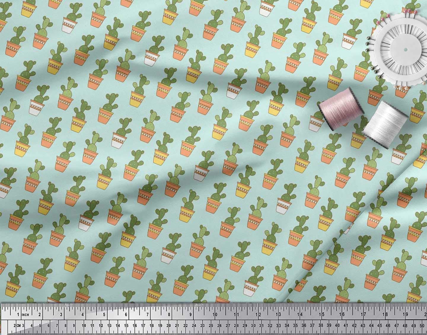 Soimoi 100% Silk Fabric - Pot & Cactus Tree Print - 42 Inch Wide by The Yard - Perfect for DIY Home Decor, Fashion Sewing & Craft Projects