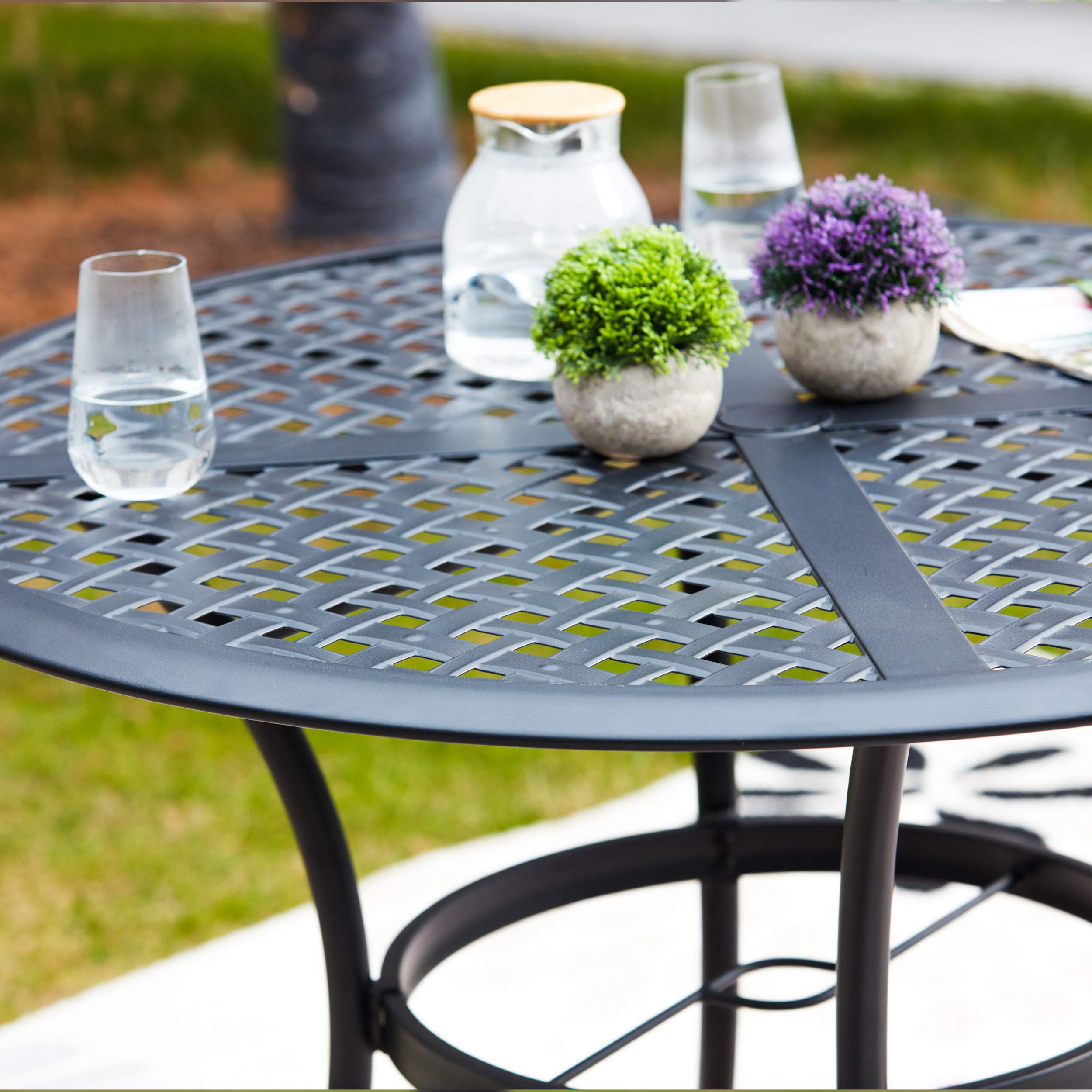 LOKATSE HOME 42.1 Inch Outdoor Patio Bistro Metal Wrought Iron Round Dining Table with Umbrella Hole - Black for Garden, Backyard, Poolside & Restaurant Use