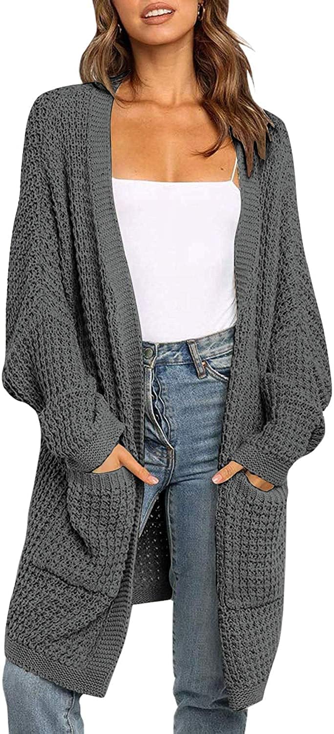 MEROKEETY Women's Oversized Long Batwing Sleeve Cardigan Waffle Knit Sweater Coat - Soft & Cozy Open Front Knitted Wrap for Fall Winter Fashion, Perfect for Office, Lounge & Casual Outfits