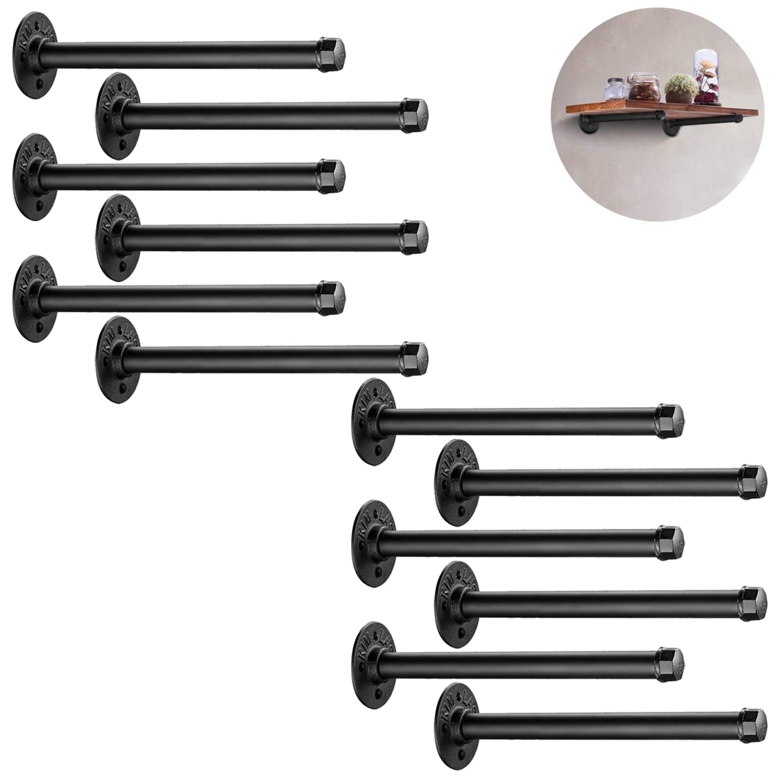 Industrial Black Iron Pipe Shelf Brackets 12 Pack - 10.3 Inch Vintage Wall Mount Brackets for DIY Shelving, Rustic Home Decor | Perfect for Loft, Farmhouse & Industrial Style Spaces