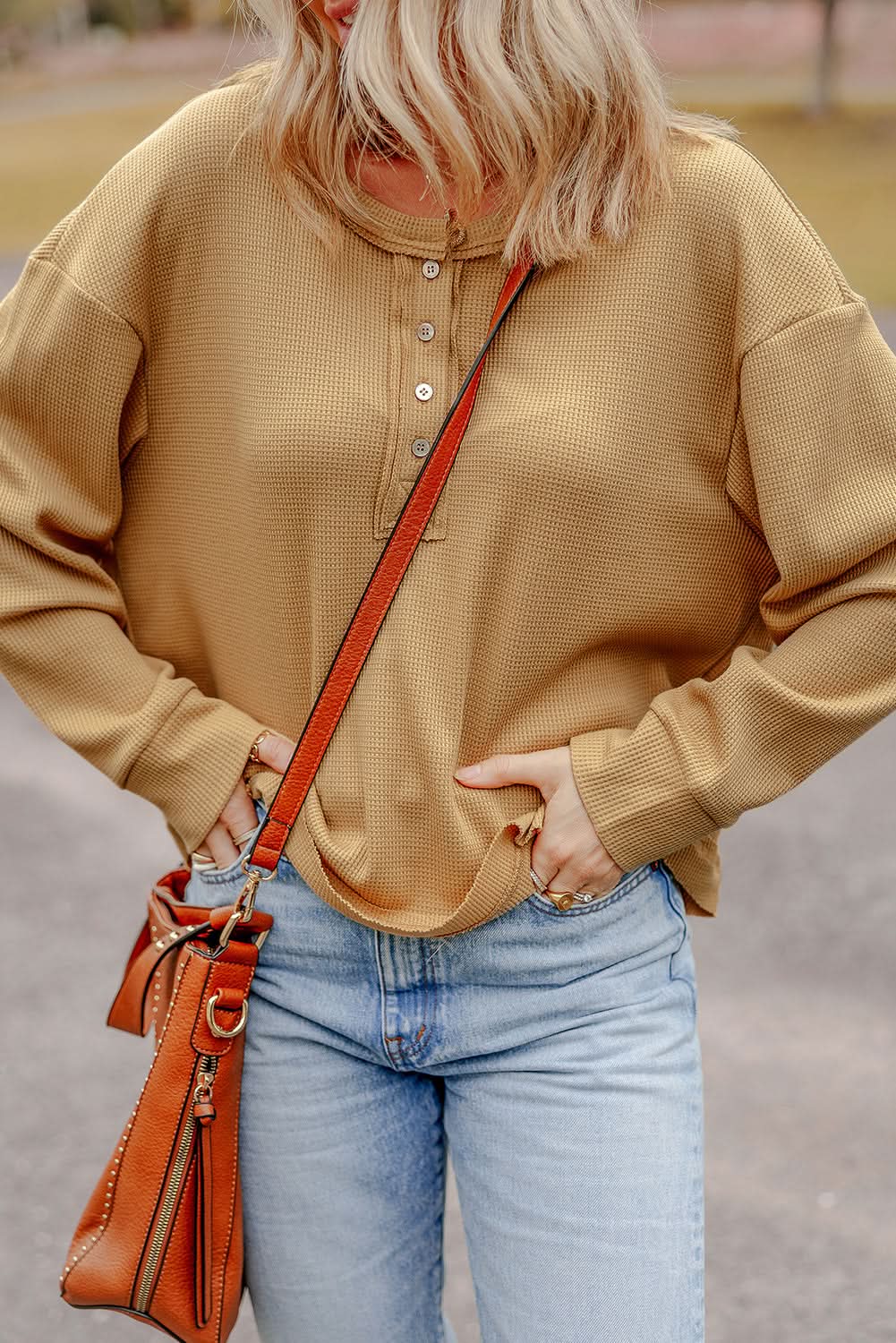 Camel Textured Knit Drop Shoulder Oversized Button Down Shirt - Women's Boho Chic Loose Blouse for Casual Outings & Layered Fall Fashion