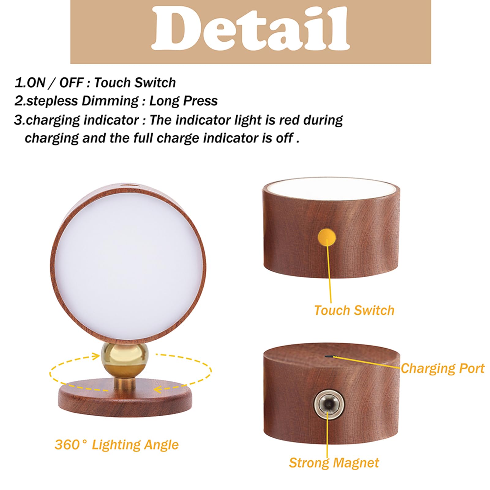 LANDGOO Rotatable USB Rechargeable Magnetic LED Wall Sconce - Dimmable Reading Light for Bedroom, Cabinet & Night Light | Battery Operated, Sapele Wood Finish, Modern Household Lighting