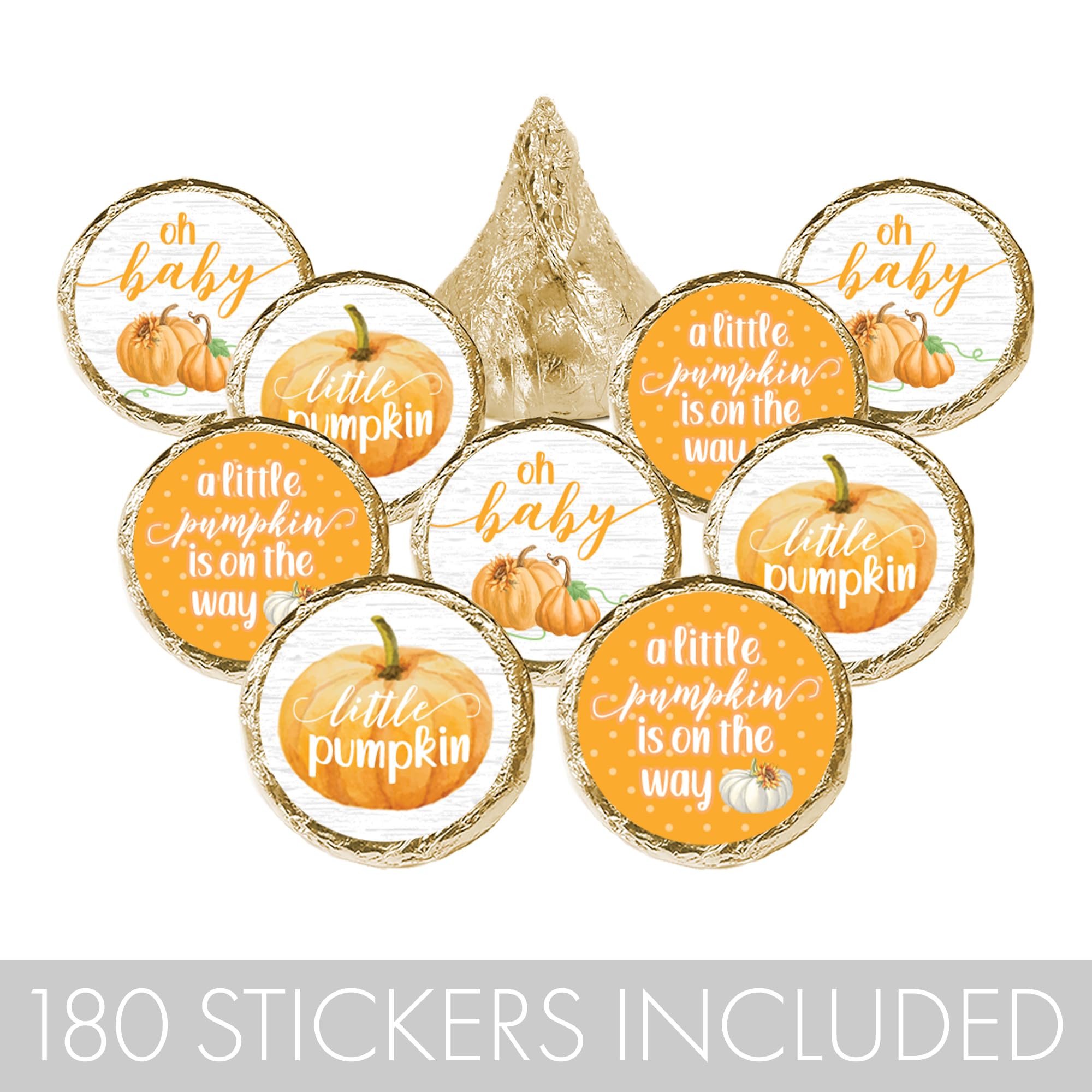 Orange Little Pumpkin Baby Shower Kisses Candy Stickers - 180 Adhesive Labels for Fall Baby Shower Party Favors, Halloween Decorations & Autumn Wedding Treats
