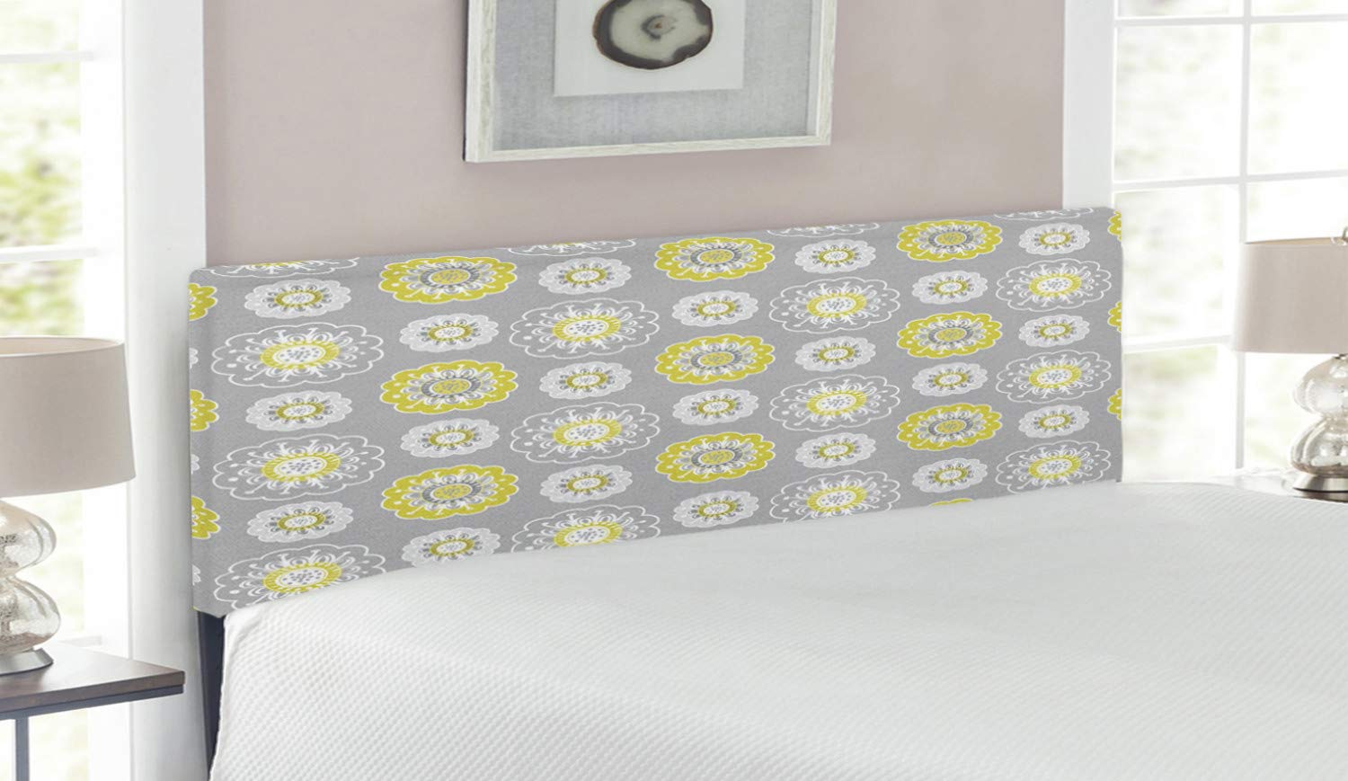 Ambesonne Grey and Yellow Upholstered Headboard with Memory Foam - Queen Size Bed Headboard with Floral Ivy Design in Mustard Yellow & White - Perfect for Modern Bedroom Decor and Guest Room Styling
