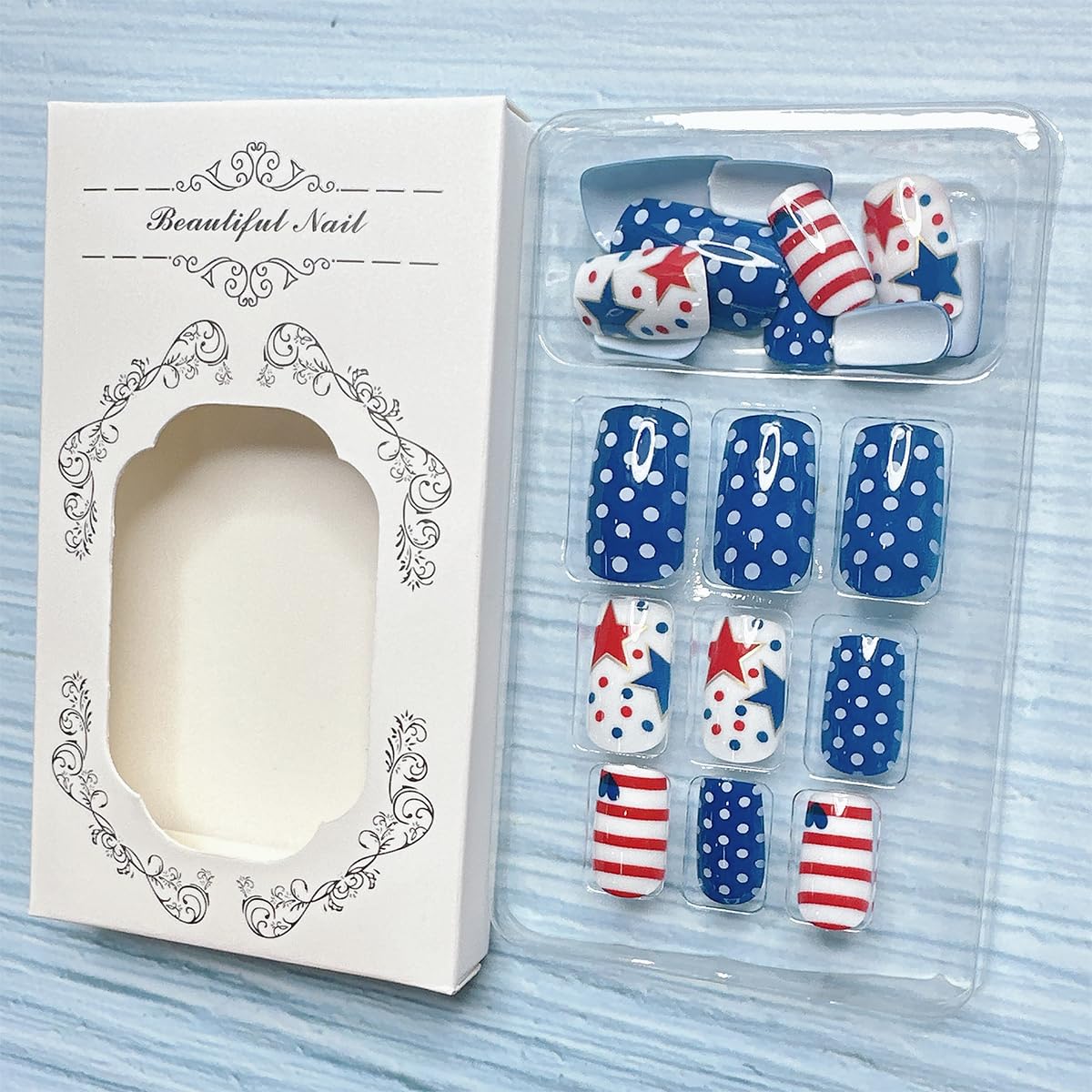 4th of July Press on Nails - Short Round Patriotic Fake Nails with Stars, Stripes & Dots | 24PCS Full Cover Glue on Acrylic Nails for Women & Girls | Perfect for Independence Day Parties, Nail Art & USA Themed Events
