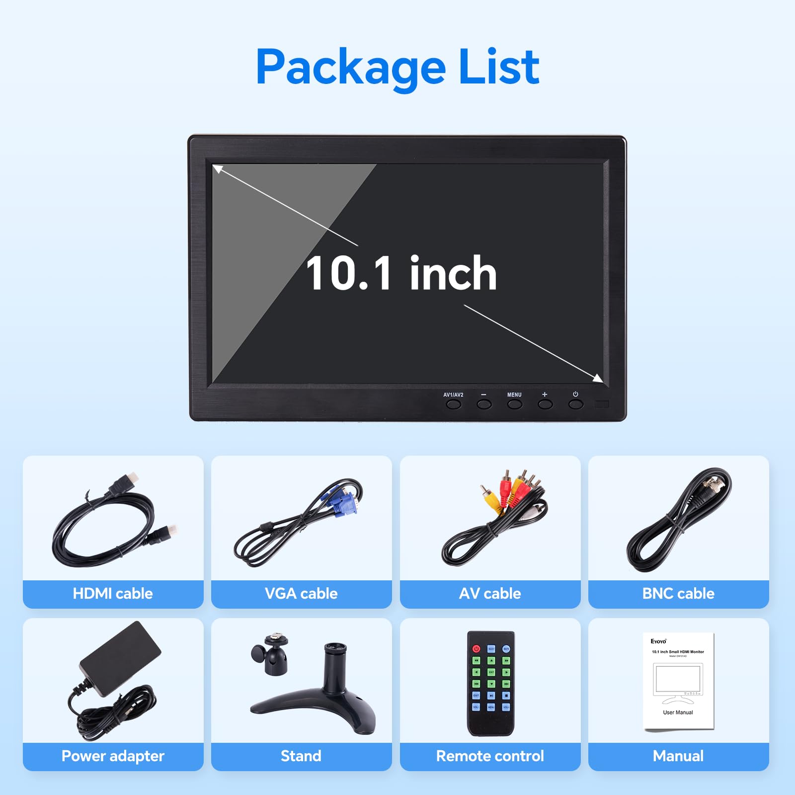 Eyoyo 10.1 Inch HD Security Monitor 1366x768 Resolution, Compact HDMI VGA AV BNC USB Input Screen with Built-in Speakers for PC, CCTV Camera, NVR, Home & Office Surveillance